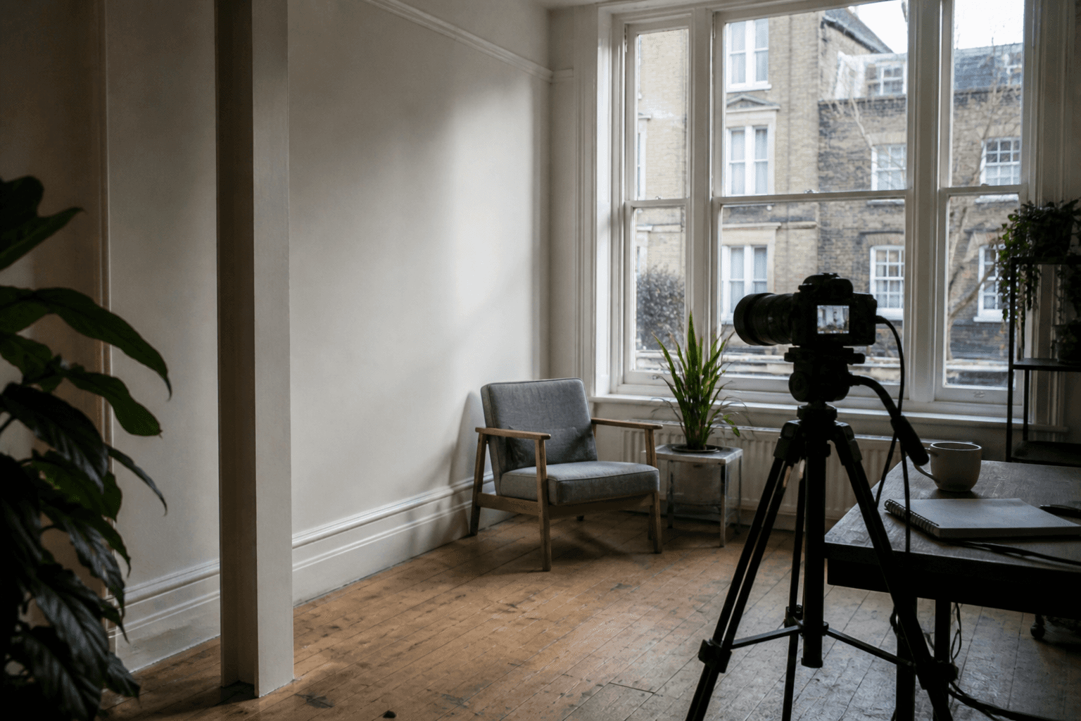 Simple video setup in a clean indoor space in Cambridge with a camera on a tripod, chair, and soft natural window light.