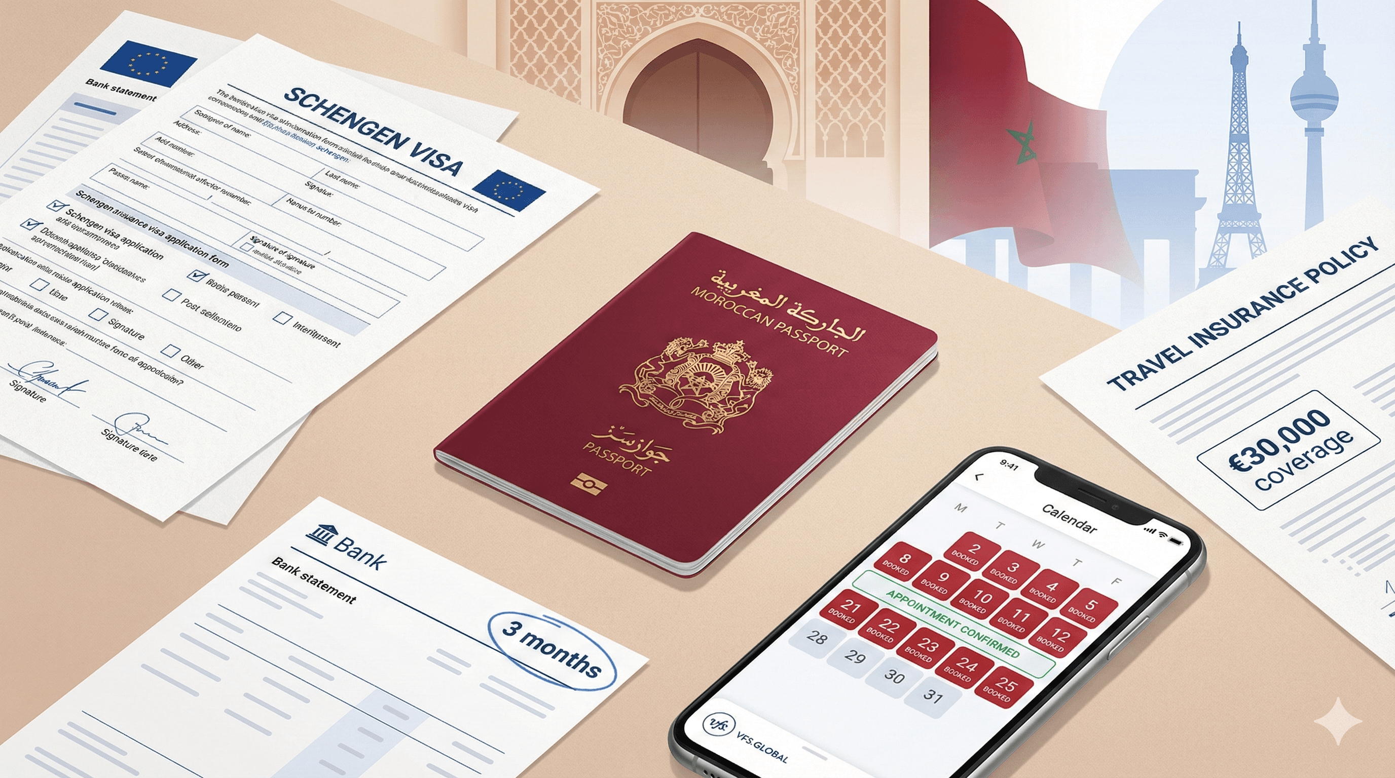 Schengen visa application process at VFS Global centre in Morocco showing biometric data collection and document submission
