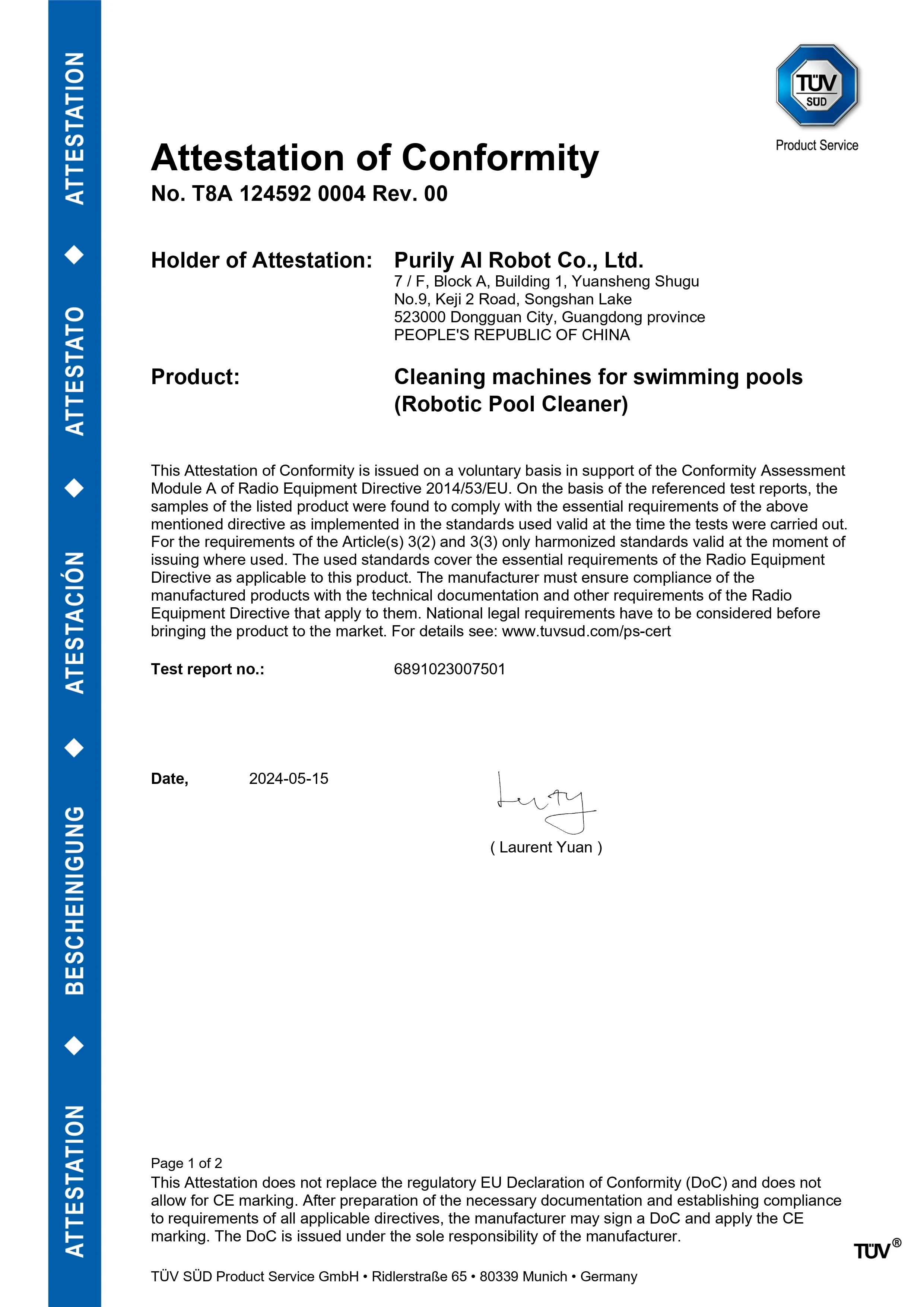 EU RED certification documentation for PURILY pool robots