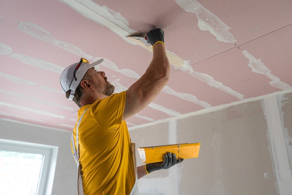 Worker plastering the ceiling of a room during renovation project