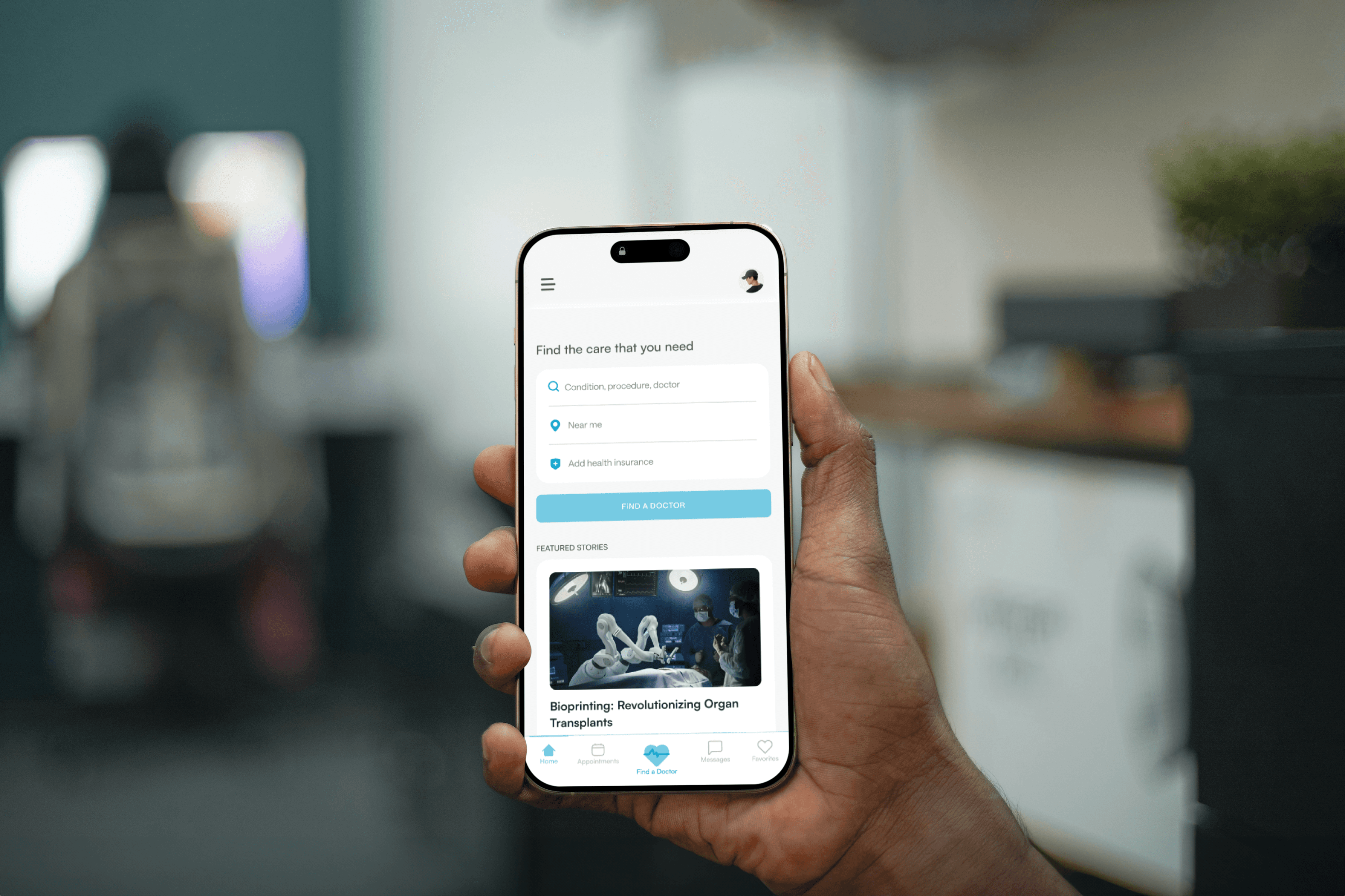 Person holding a phone displaying the home page for the MedConnect app.