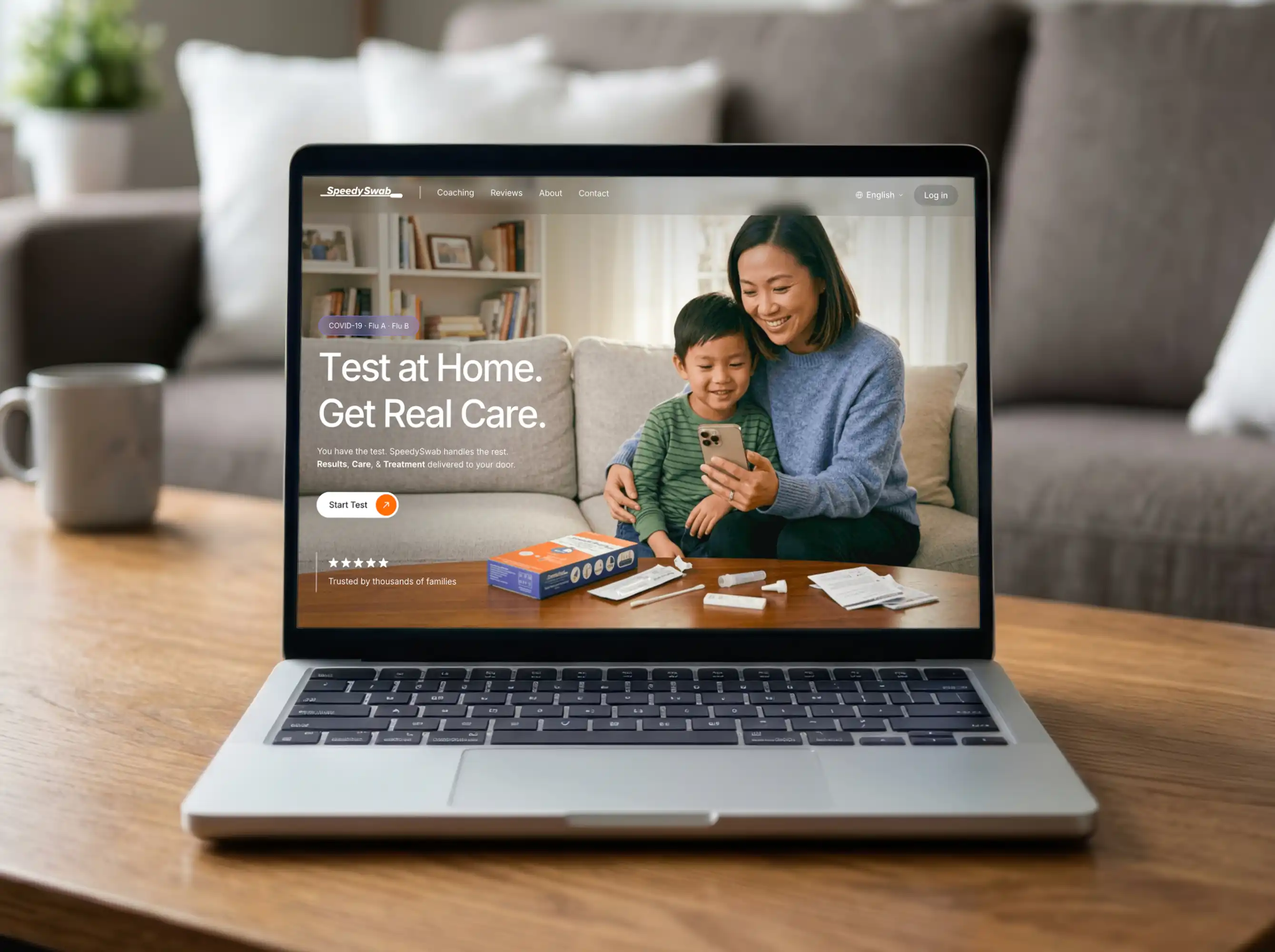 SpeedySwab homepage on a laptop, featuring a mother and child with an at-home test kit.