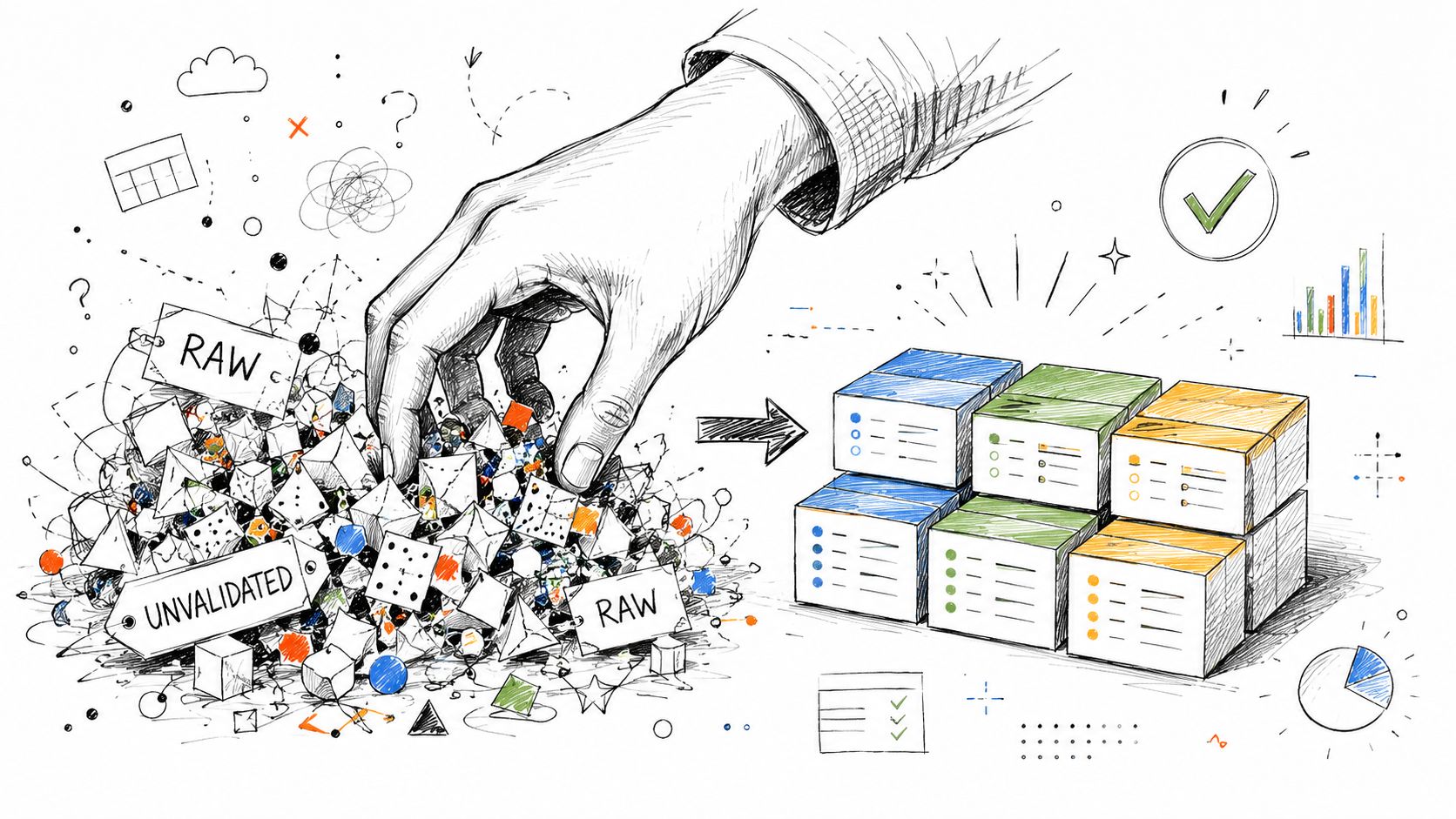 A hand organizing a chaotic pile of raw data into neat, validated boxes with charts.
