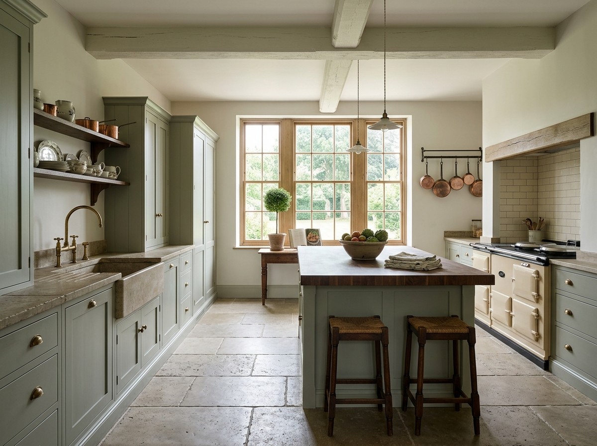 A sage-green country kitchen