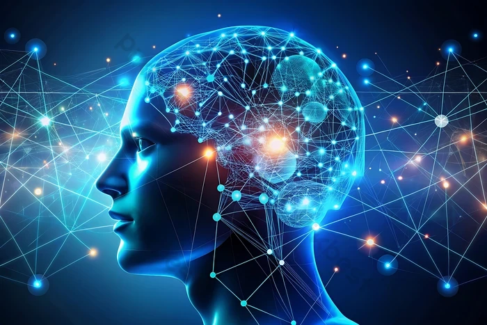 Futuristic digital human profile with a glowing neural network brain connected by light nodes and data pathways representing AI cognition and system intelligence.