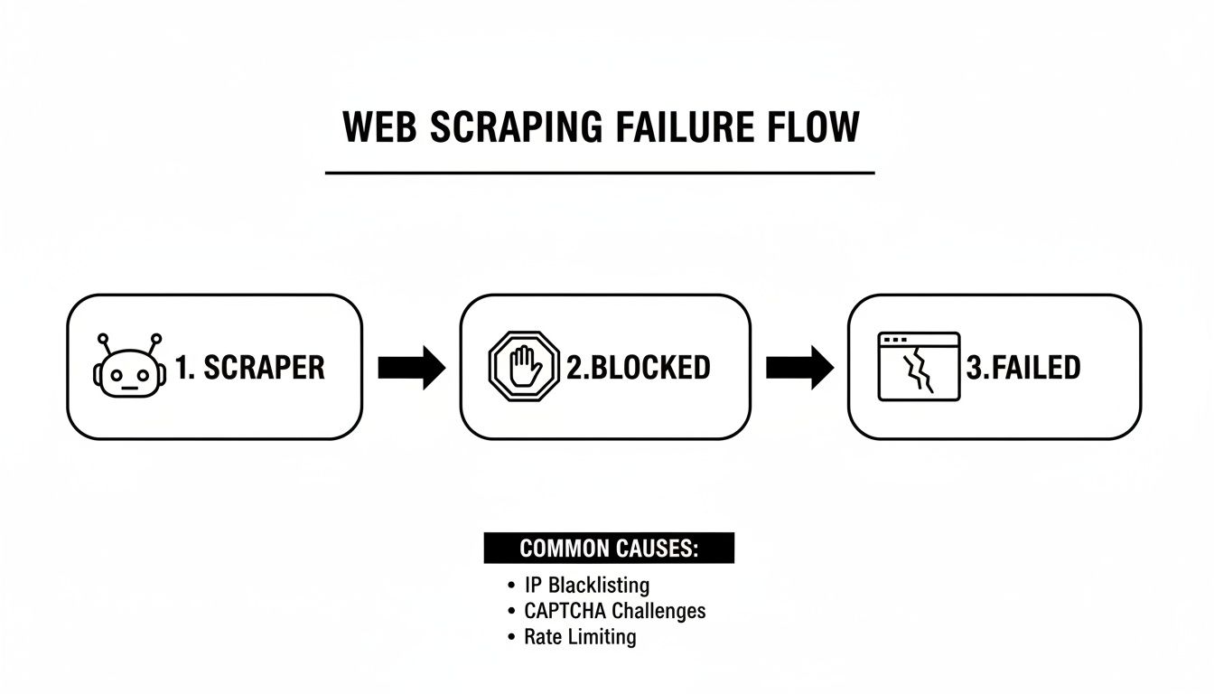 Web scraping failure flow diagram from scraper to blocked and failed stages, listing common causes.