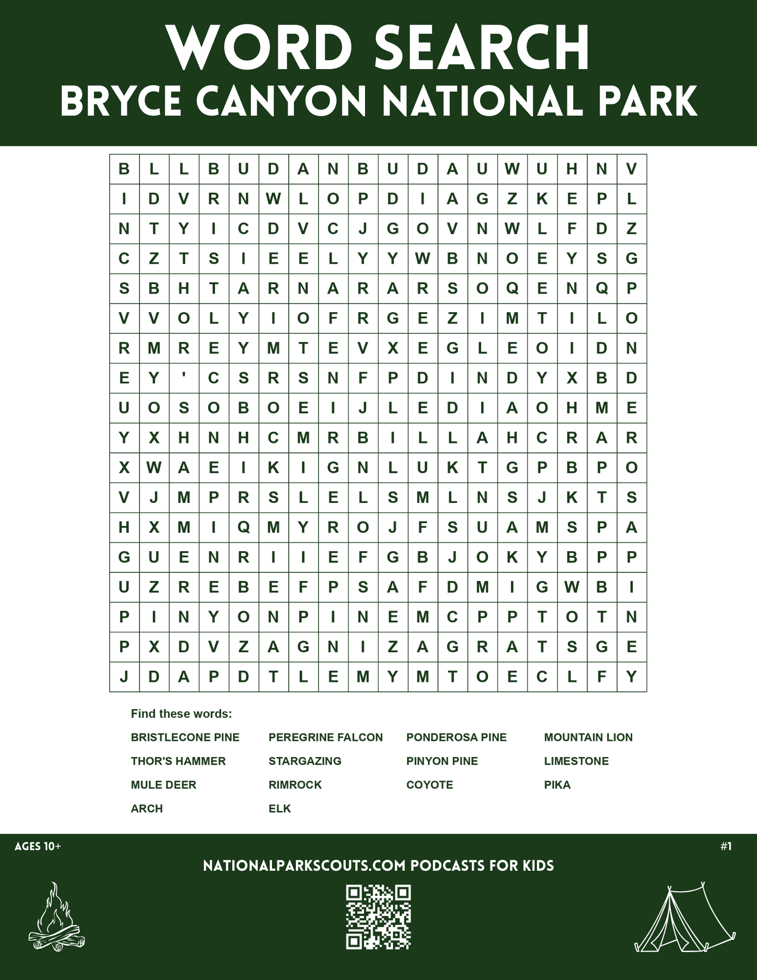 Bryce Canyon National Park Word Search - Older