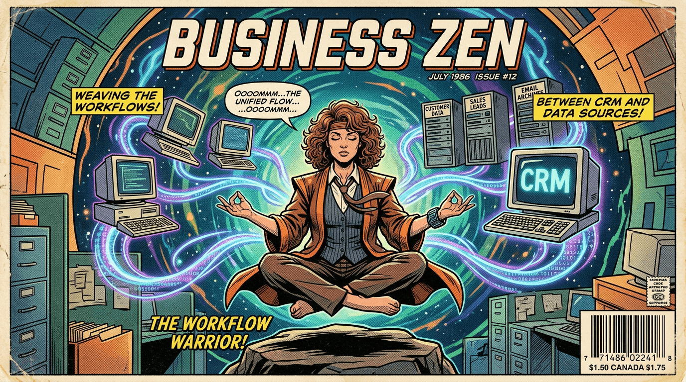 Business owner in a zen pose because she is connecting all her workflows