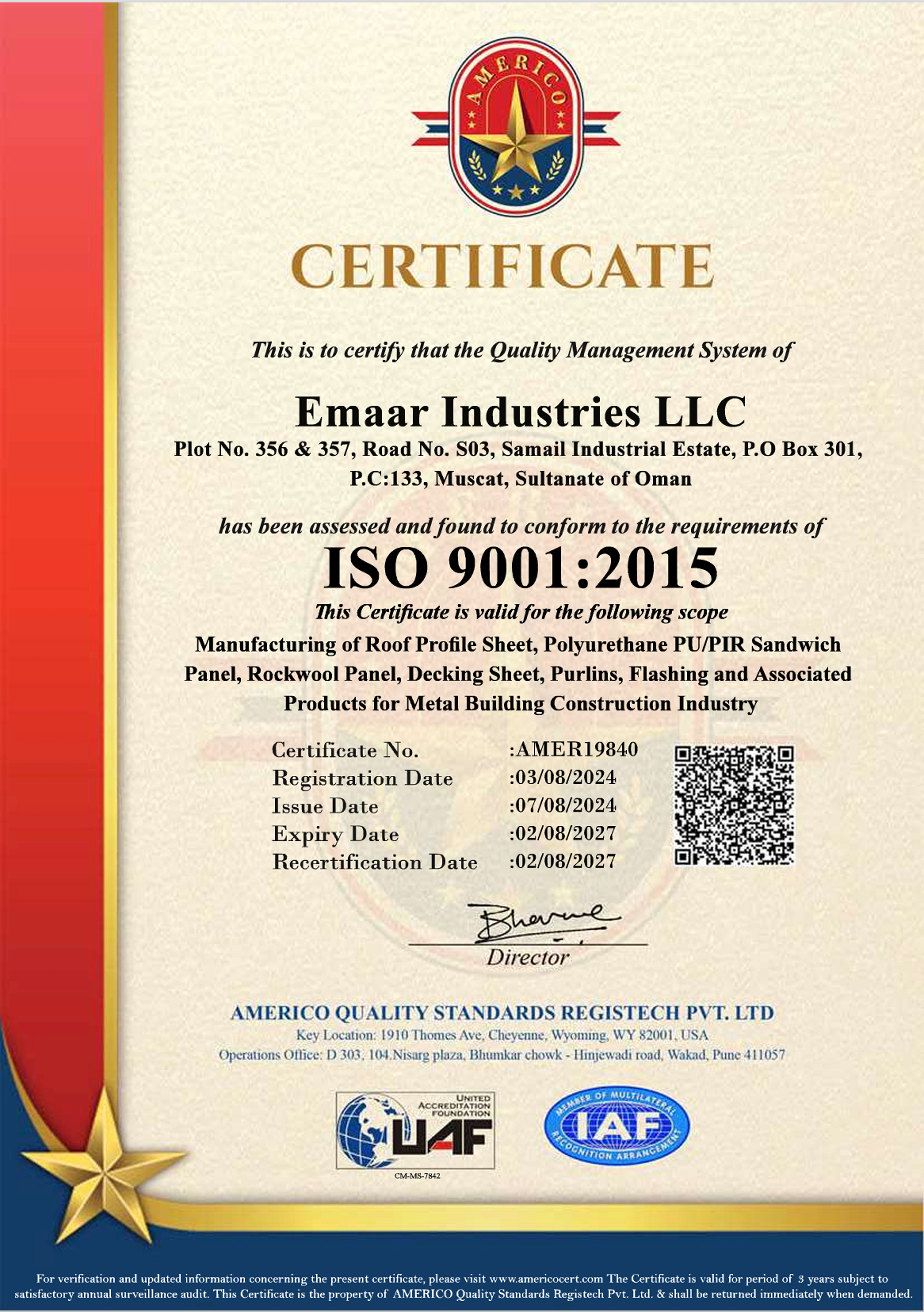 Emaar Industries ISO 9001 Certificates
