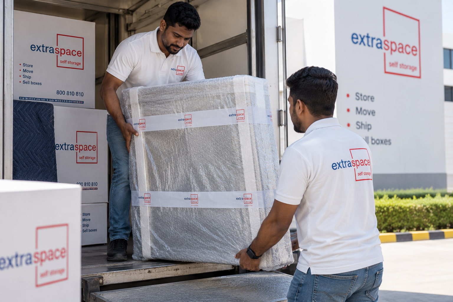 ExtraSpace staff carefully loading a wrapped fragile item into a moving truck for safe transport.&nbsp;