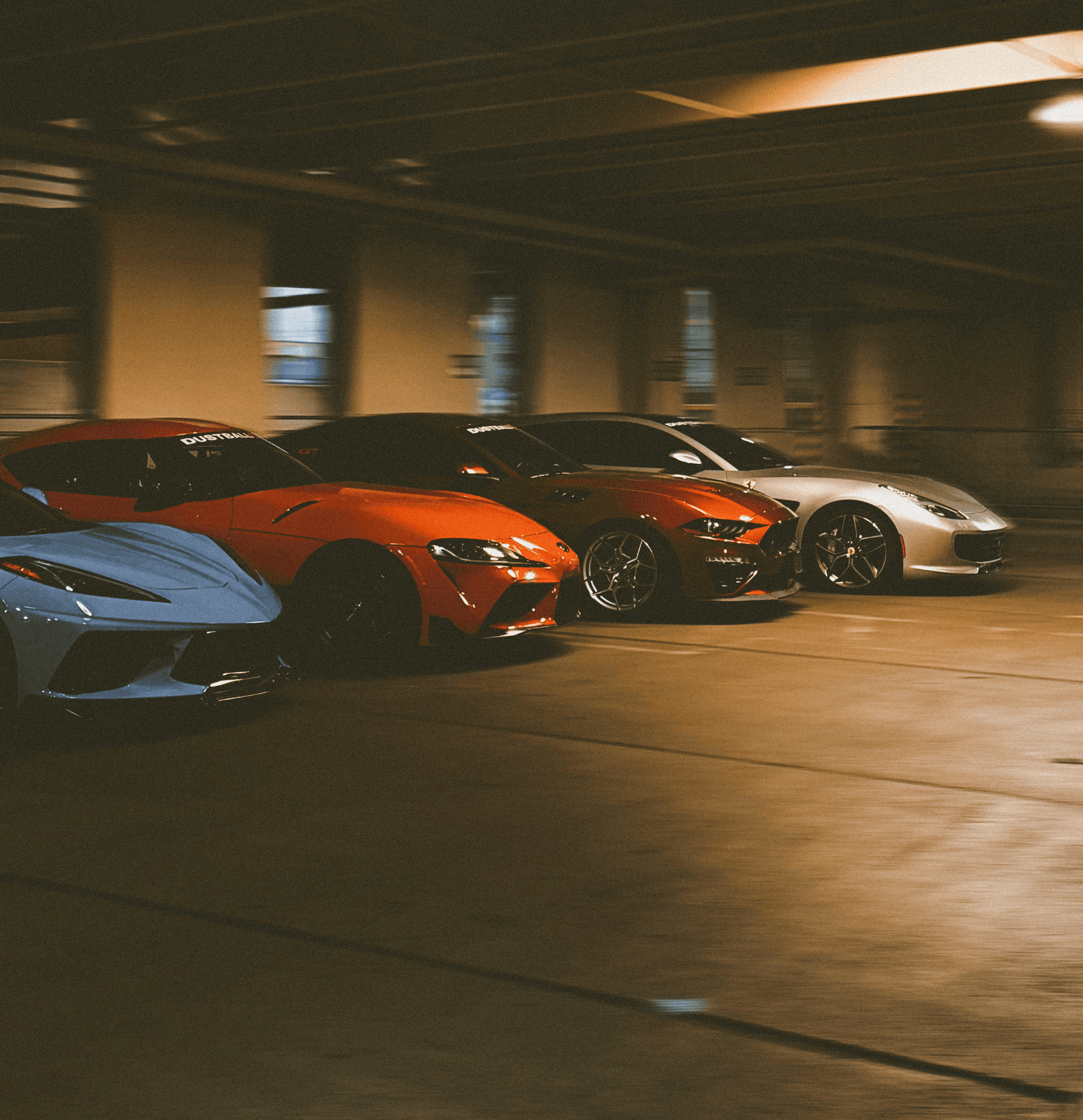 Drone shot of a running track at night