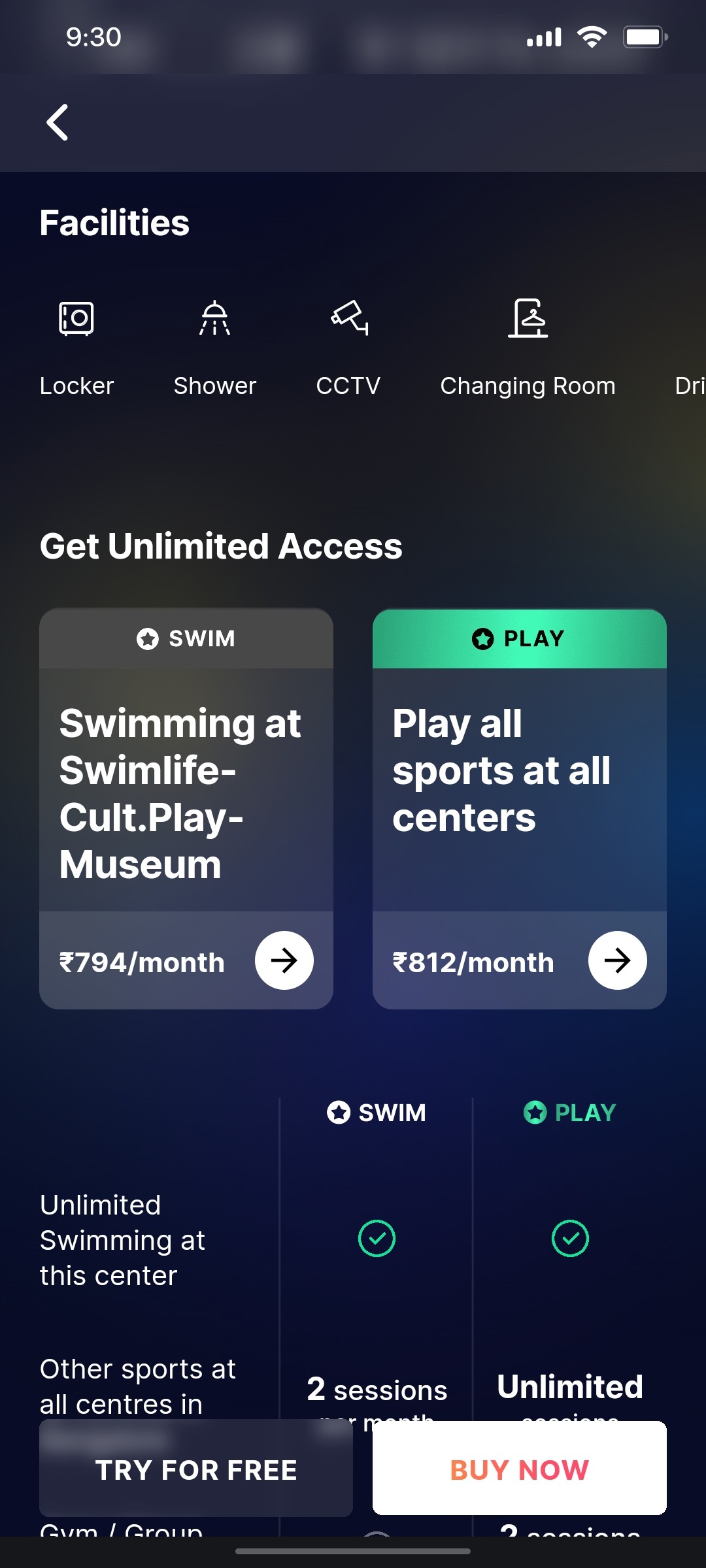 Cult.fit App  Facilities Screen