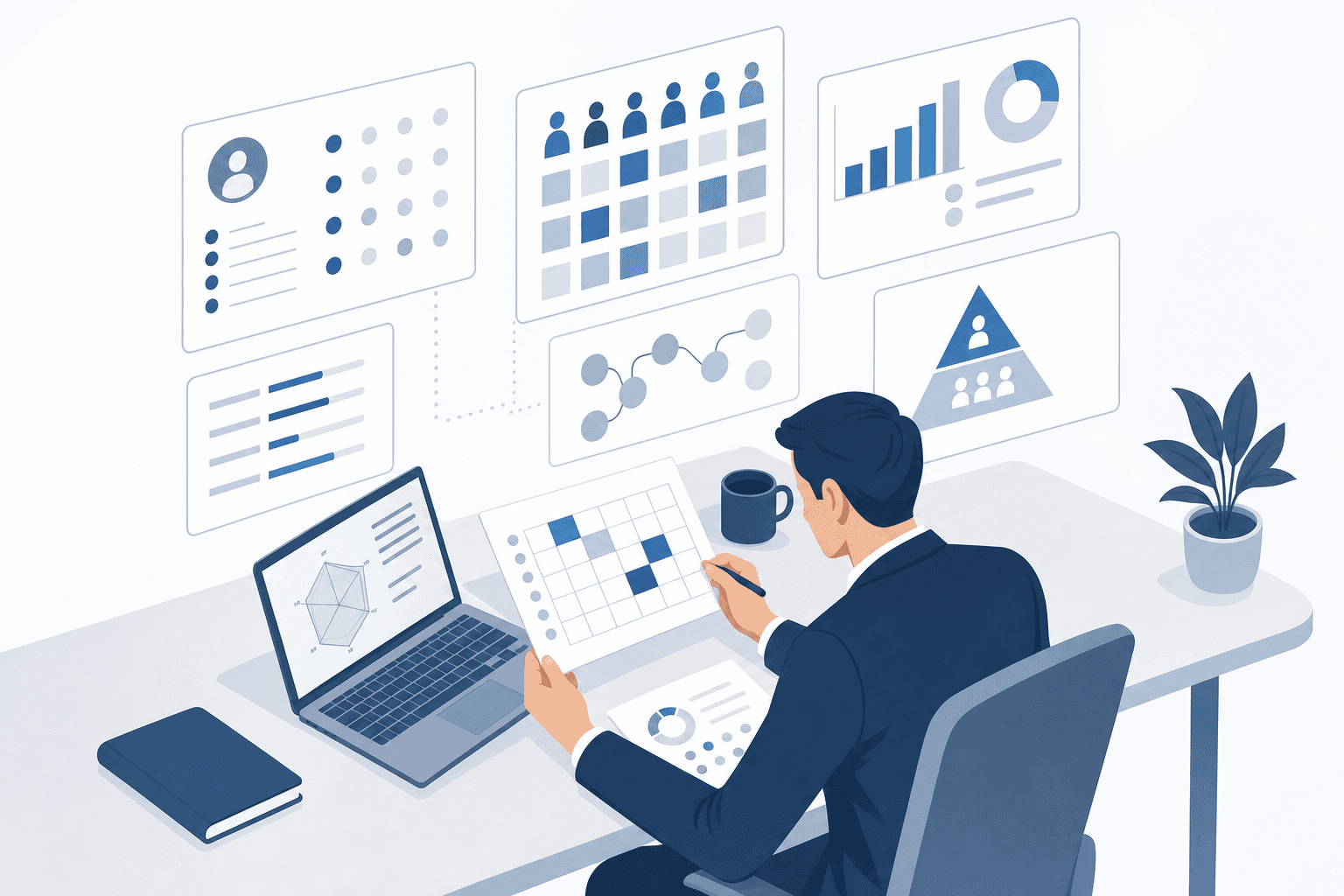 A clean, modern illustration showing a professional conducting a skills gap analysis. The scene features a person at a desk reviewing competency frameworks, with visual elements like skill matrices, assessment charts, and gap identification diagrams floating around them. Use a minimal color palette with blues and grays, professional workspace setting, top-down or side angle view. The illustration should convey analytical thinking and professional development planning without any text or labels.