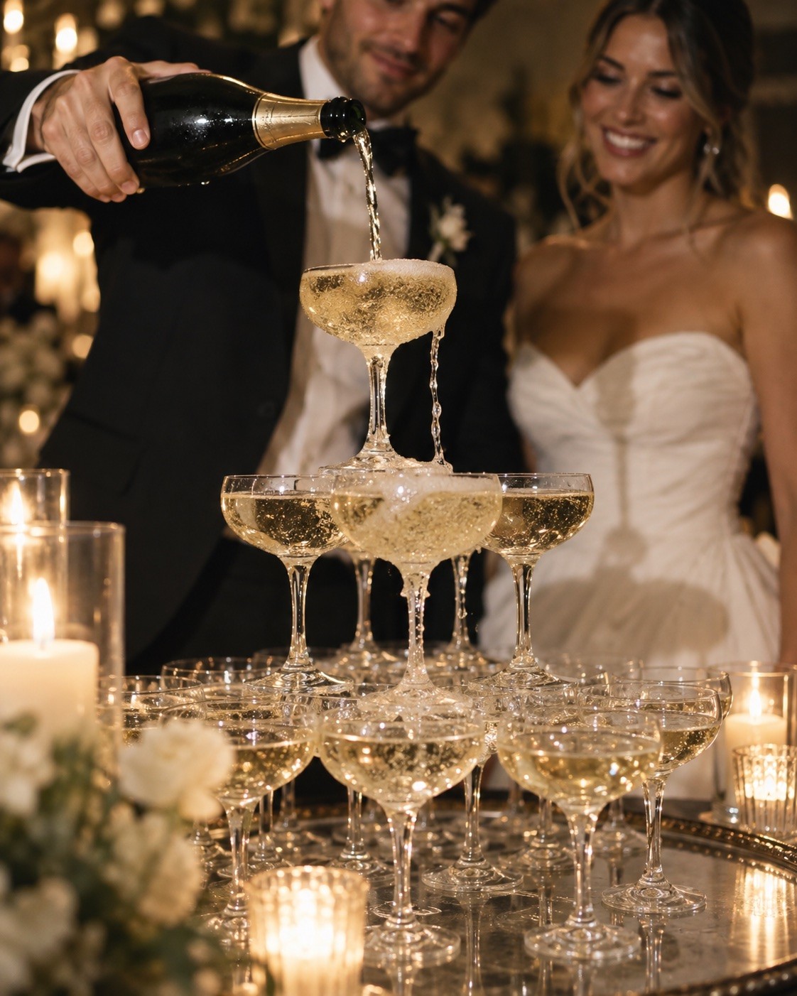 Newlyweds beside a tiered wedding cake