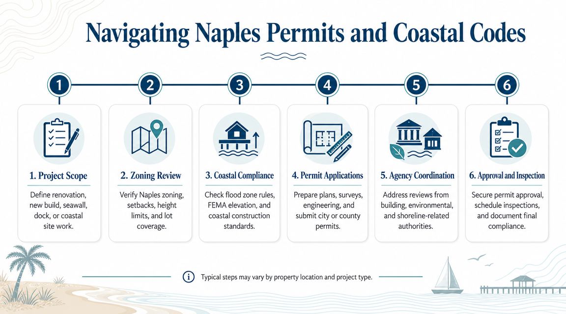 A six-step infographic outlining the process for navigating permits and coastal codes in Naples, Florida.