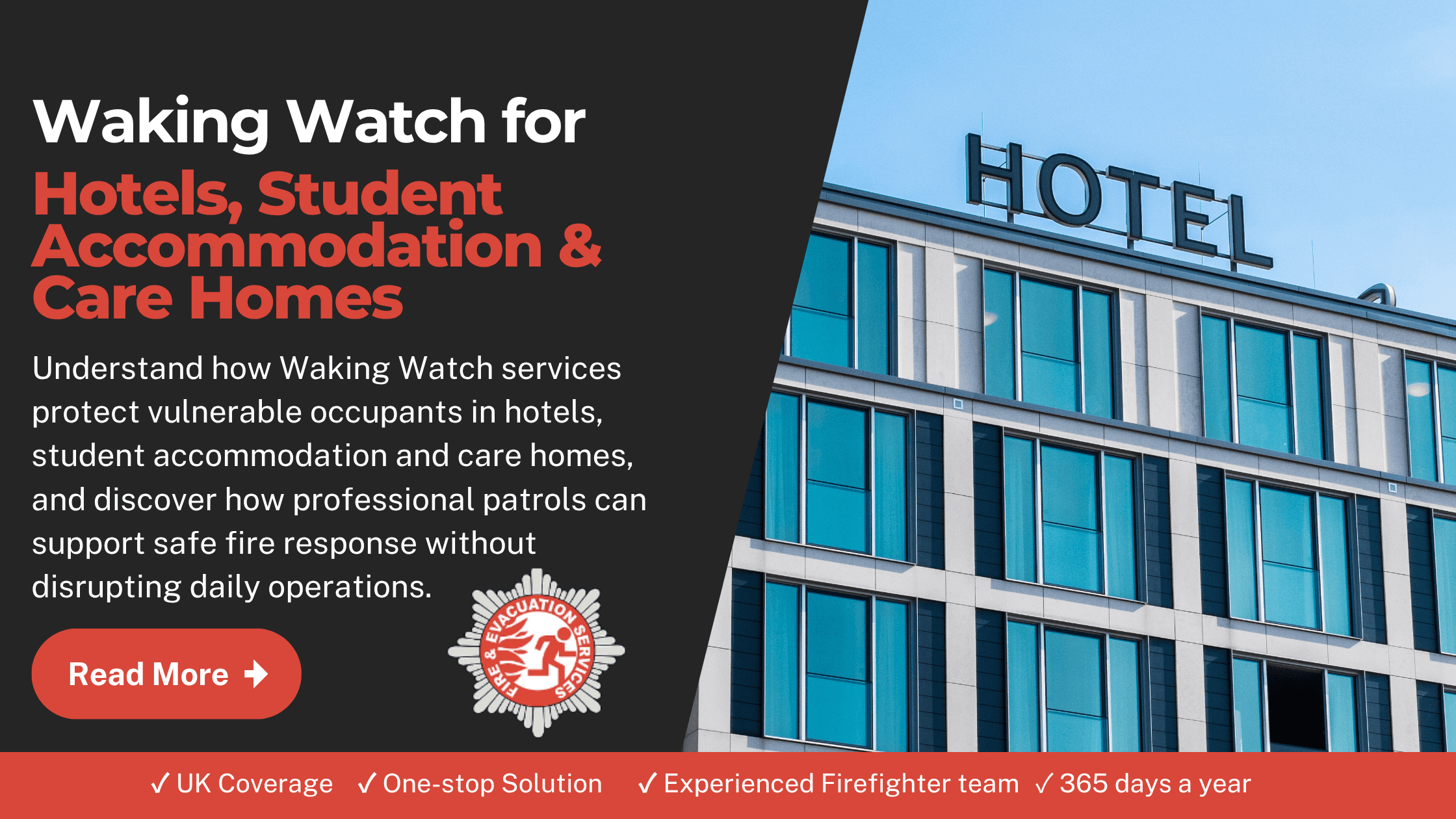 Original infographic of Waking Watch for hotels, student accommodation & care homes with an image of a hotel exterior.
