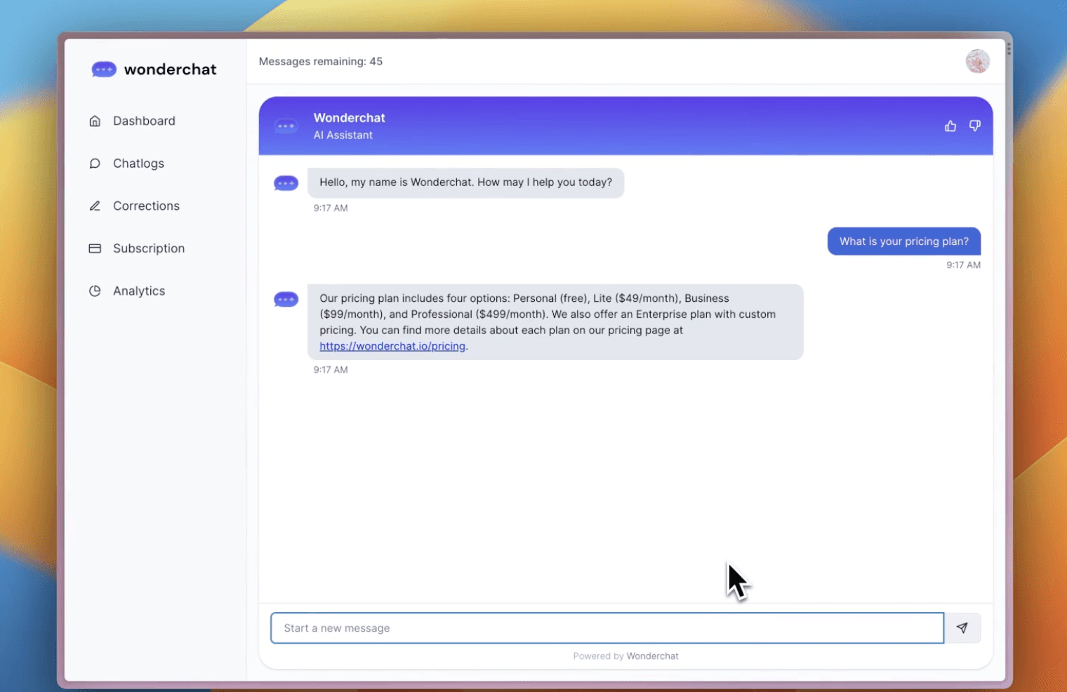 Wonderchat functionality demo