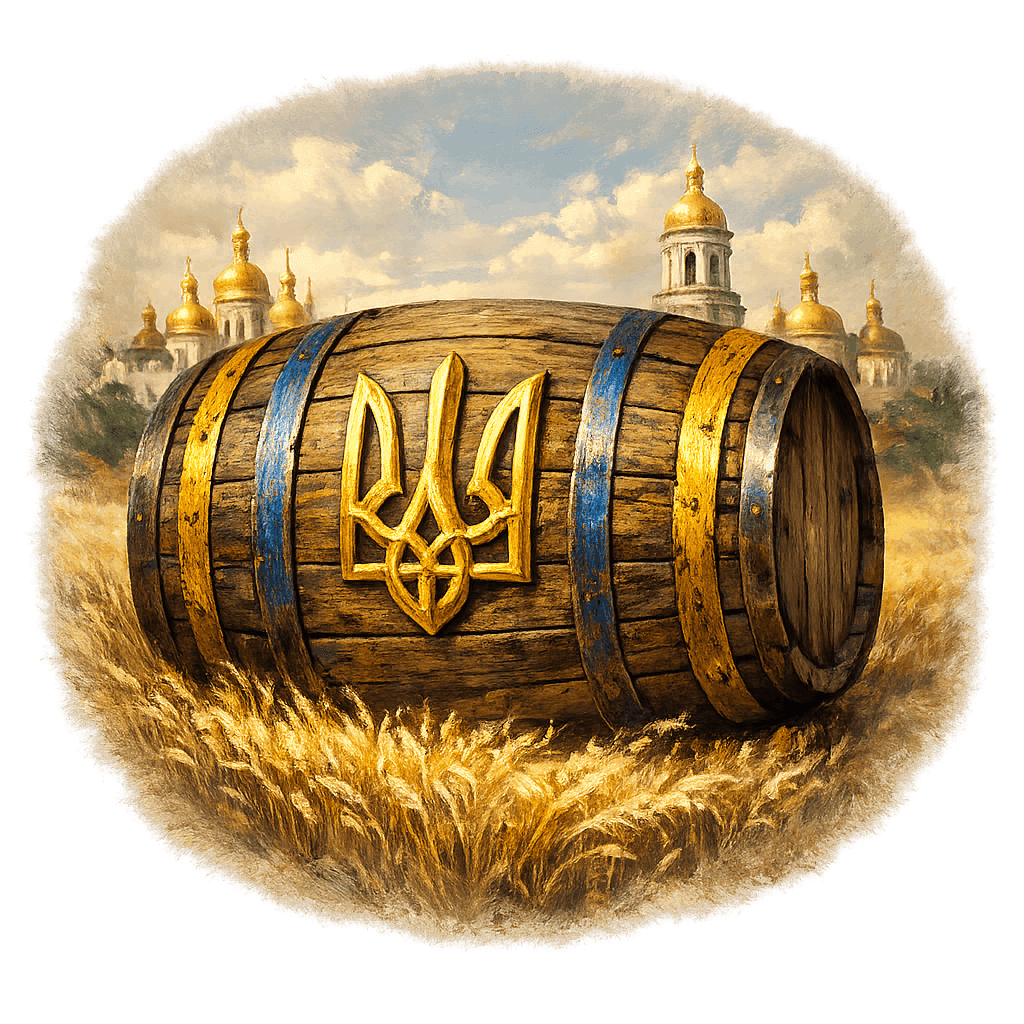 Wine barrel featuring the Ukraine national emblem for regional wine education.