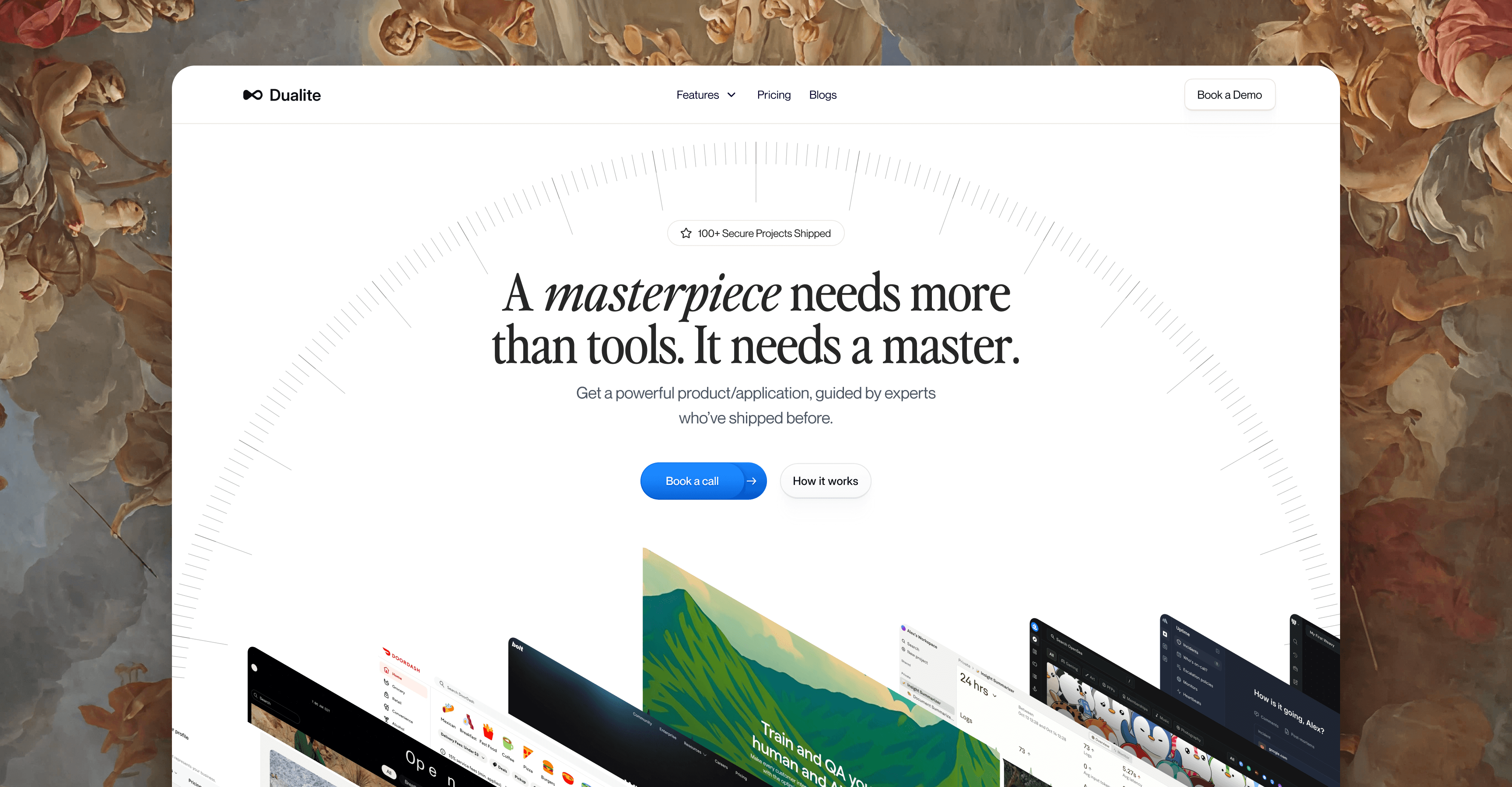 A business traveler with a suitcase gazes out a large airport window as a plane takes off, symbolizing seamless corporate travel and easy bookings, with an adjacent web interface highlighting travel services and contact options.