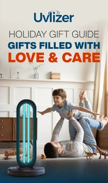 Uvlizer holiday email showing a woman playing with a child with a Uvlizer light, promoting gifts filled with love and care.
