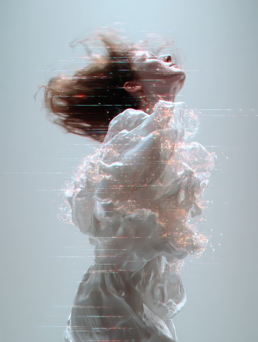 A woman in a flowing white dress appears to be in motion, her hair cascading upward, surrounded by digital glitch effects and sparkling particles, creating a dreamlike and ethereal atmosphere.