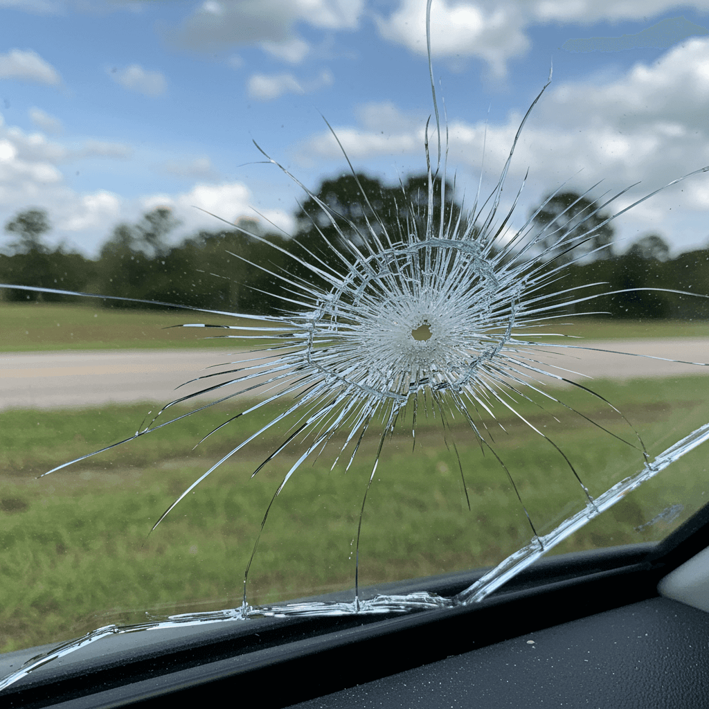 Cracked windshield from debris on Plant City farm road in Florida