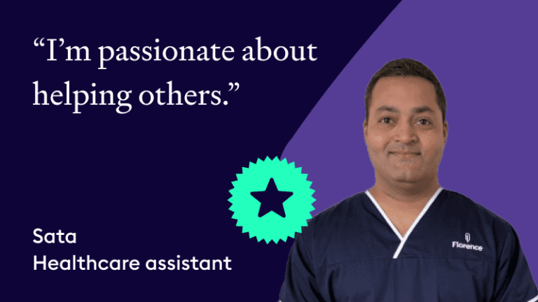 Testimonial graphic featuring Sata, a healthcare assistant, about helping others.