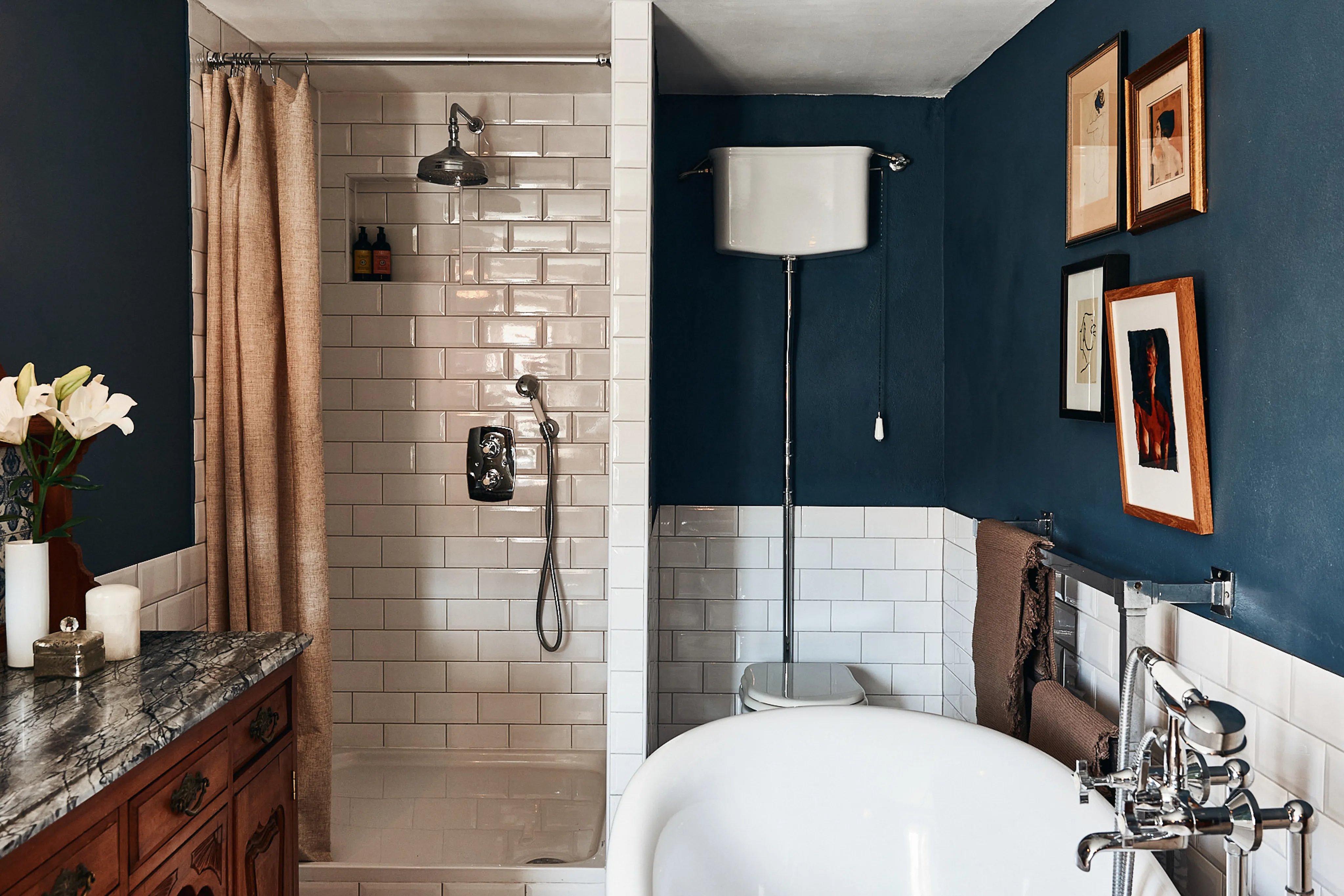 Bathroom with slipper bath and walk-in shower in the Amanda Suite, Hidden House, Stari Grad Hvar