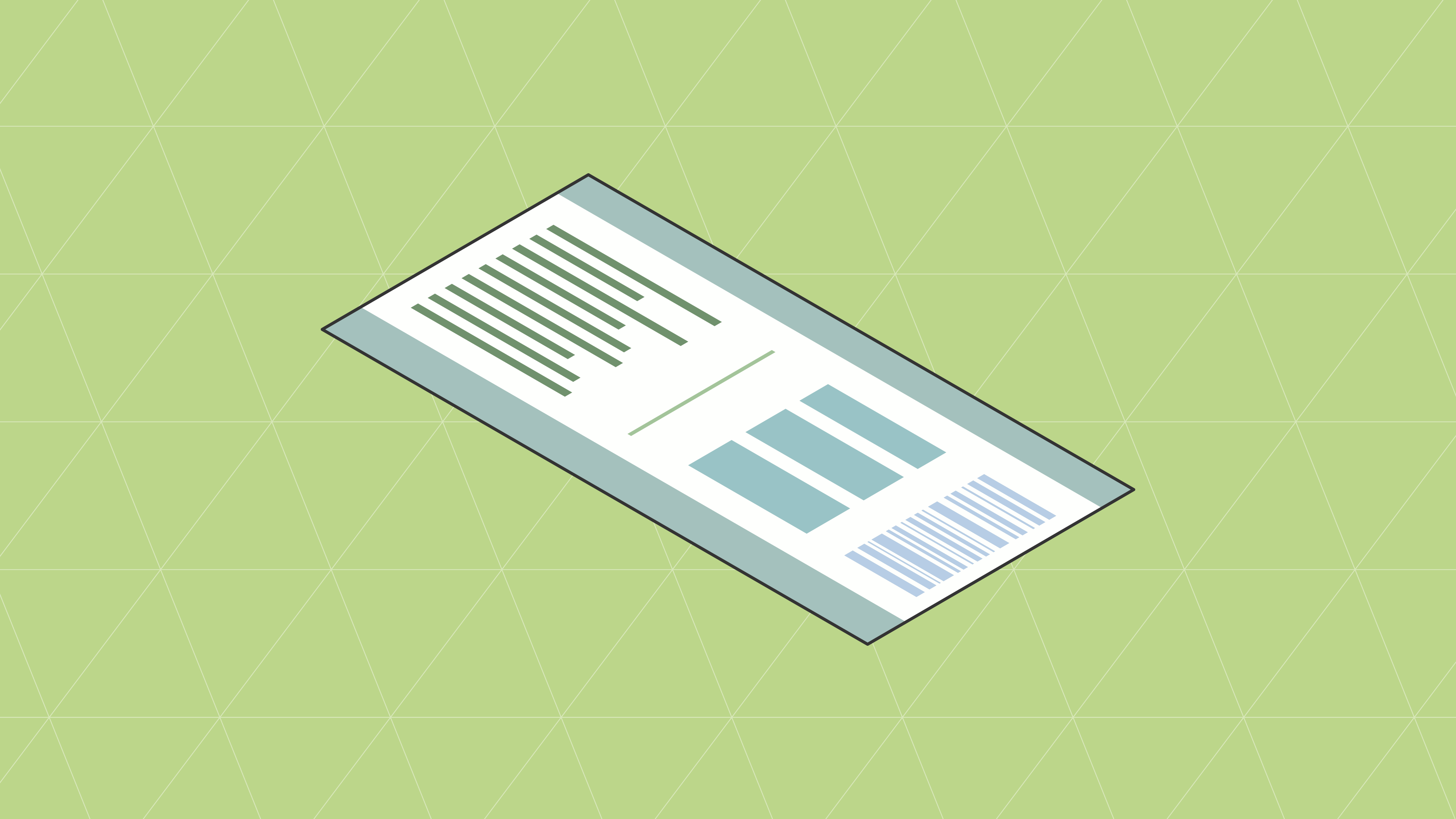 Isometric view of a product packaging label showing dark green barcode lines, light blue product information sections, and a UPC barcode on sage green background.