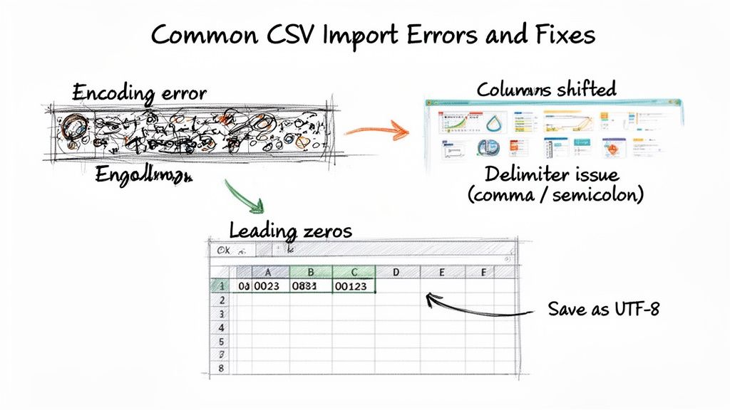 Infographic illustrating common CSV import errors like encoding, shifted columns, and leading zeros, with solutions.