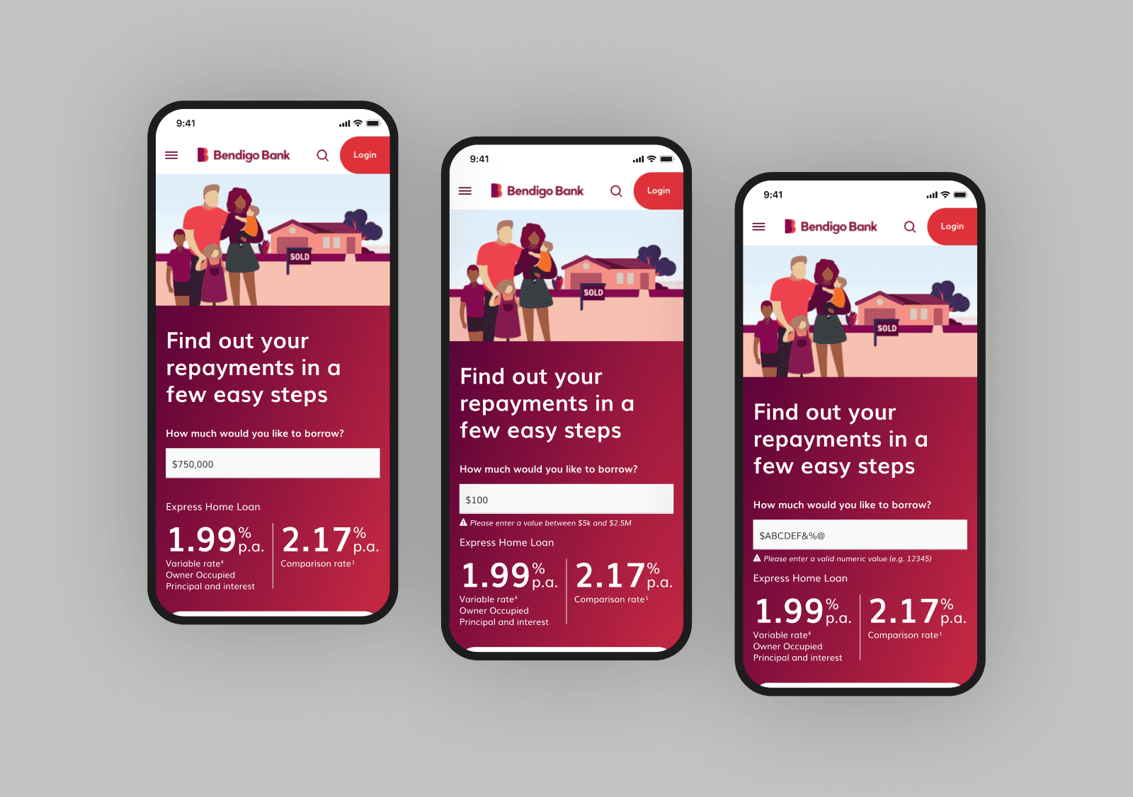 A collection of error states for variation 2 on mobile screens