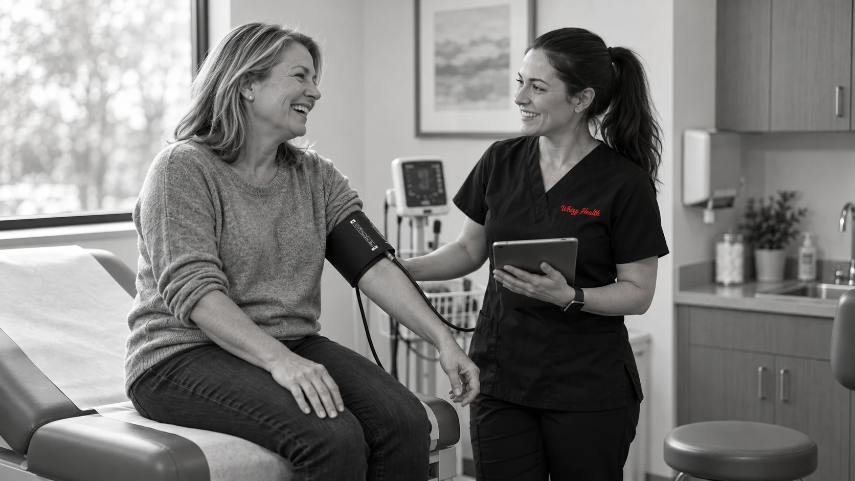 Patient laughing with a research coordinator during a study visit blood pressure check