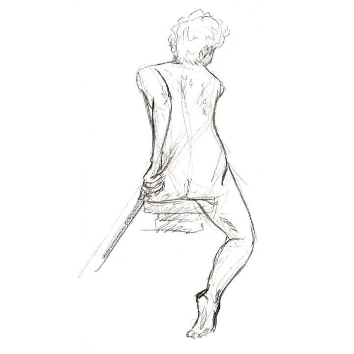 Life drawing of a woman hold a stick behind her back
