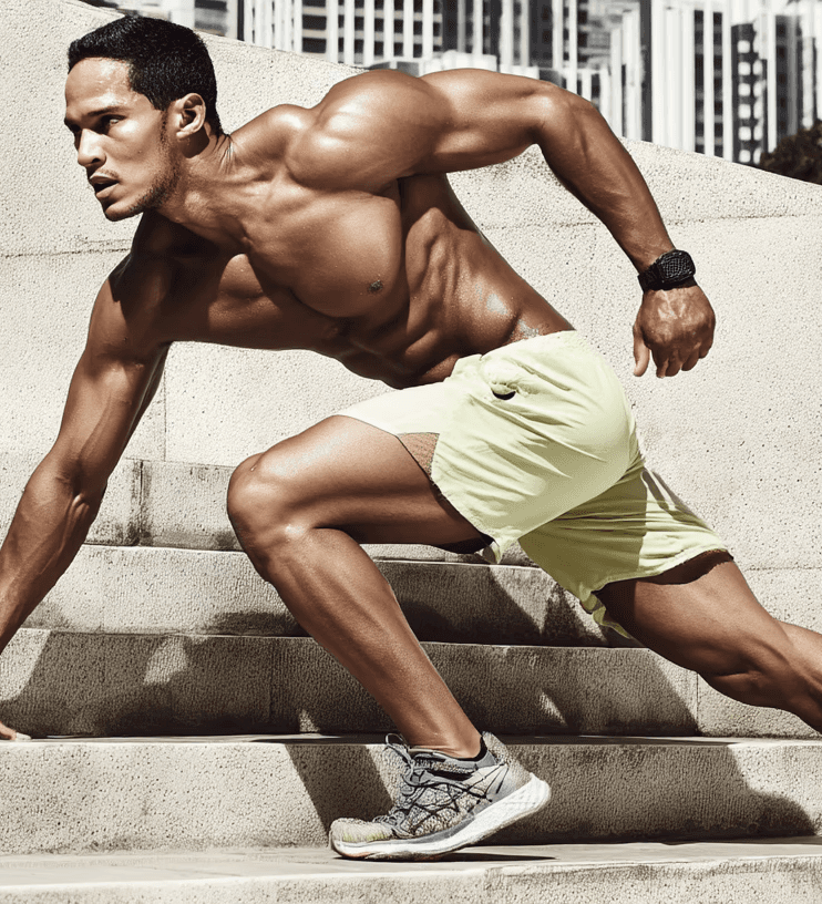Athletic man in motion on outdoor stone steps, with overlay text '90 Days Will Fly — No Matter What You Do' and a call-to-action button saying 'Start Today And Become Your Best Self'.