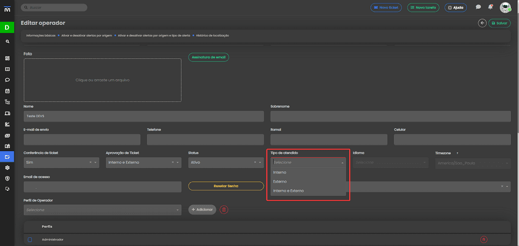 uma das novidades de junho do Milvus é a possibilidade de Configuração de Tipo de Atendimento que cada operador possui.