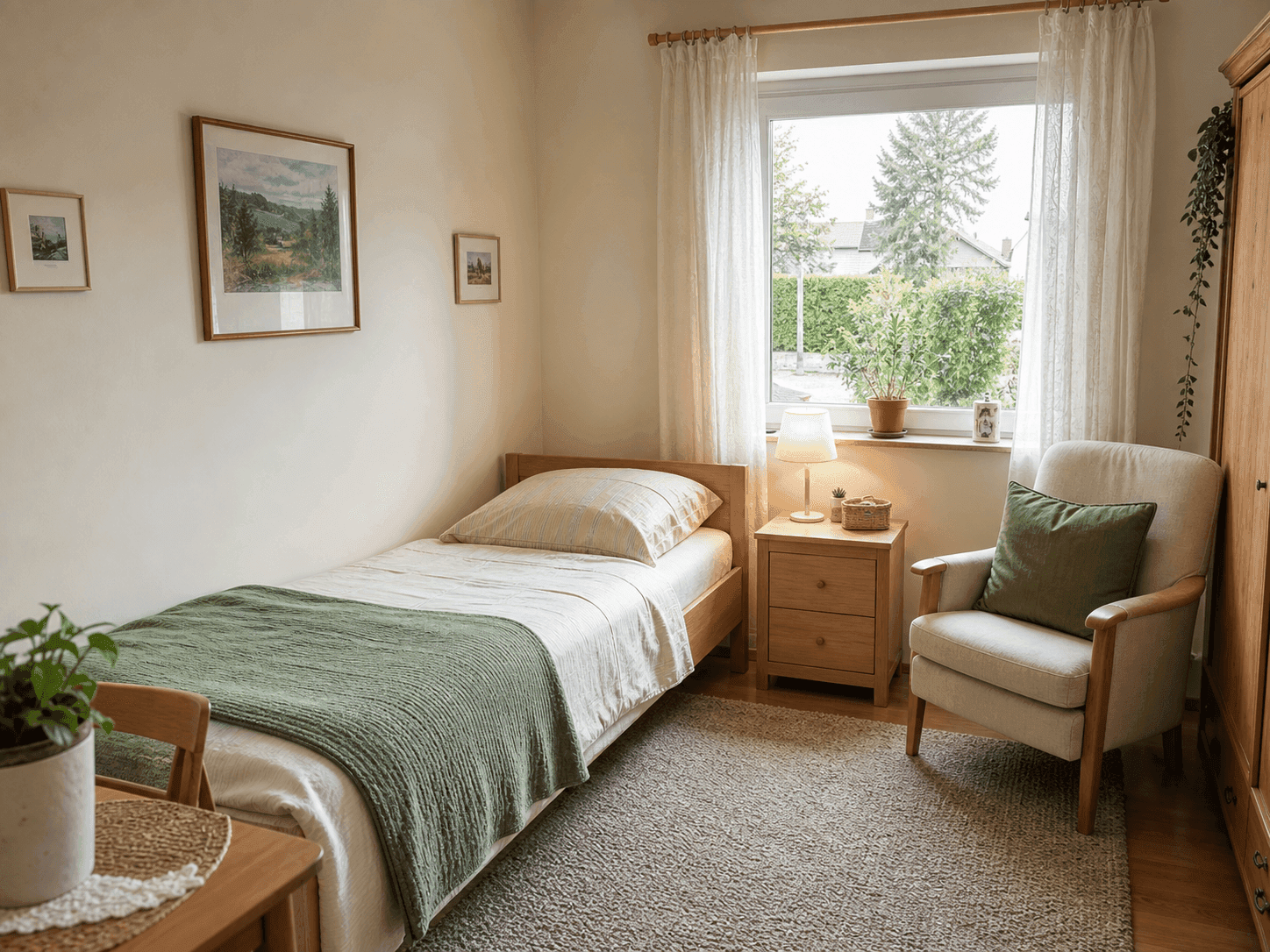 Ein helles privates Zimmer mit vorbereitetem Bett und Sitzplatz.
