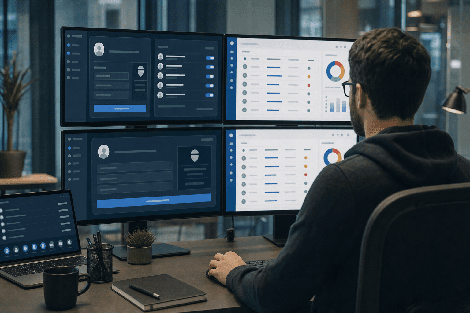 A modern IT professional at a clean workstation with multiple monitors displaying password reset interfaces and access request dashboards, viewed from behind the shoulder, emphasizing repetitive workflow patterns through subtle visual repetition in the screen layouts, professional office environment with soft lighting, focus on the systematic nature of routine IT tasks, contemporary tech workspace aesthetic