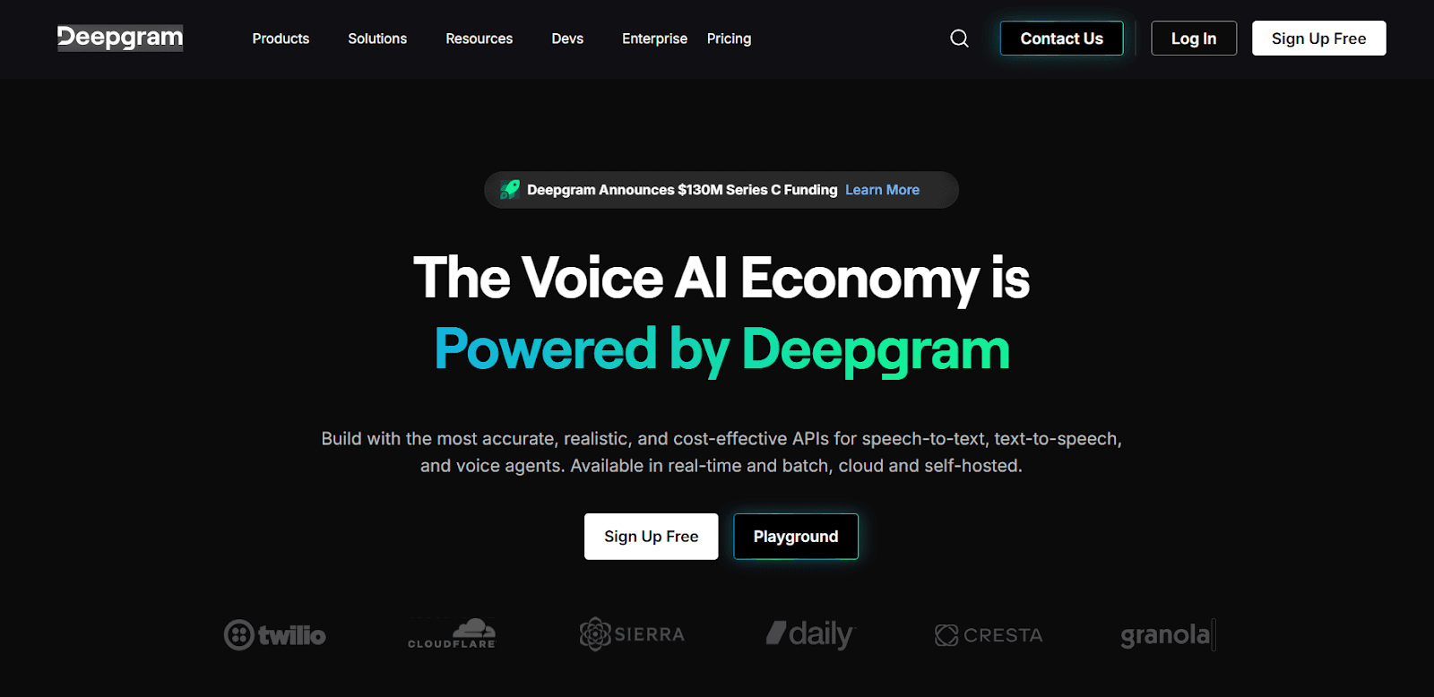 Deepgram speech recognition platform homepage highlighting developer-focused ASR, real-time transcription, and voice AI solutions.