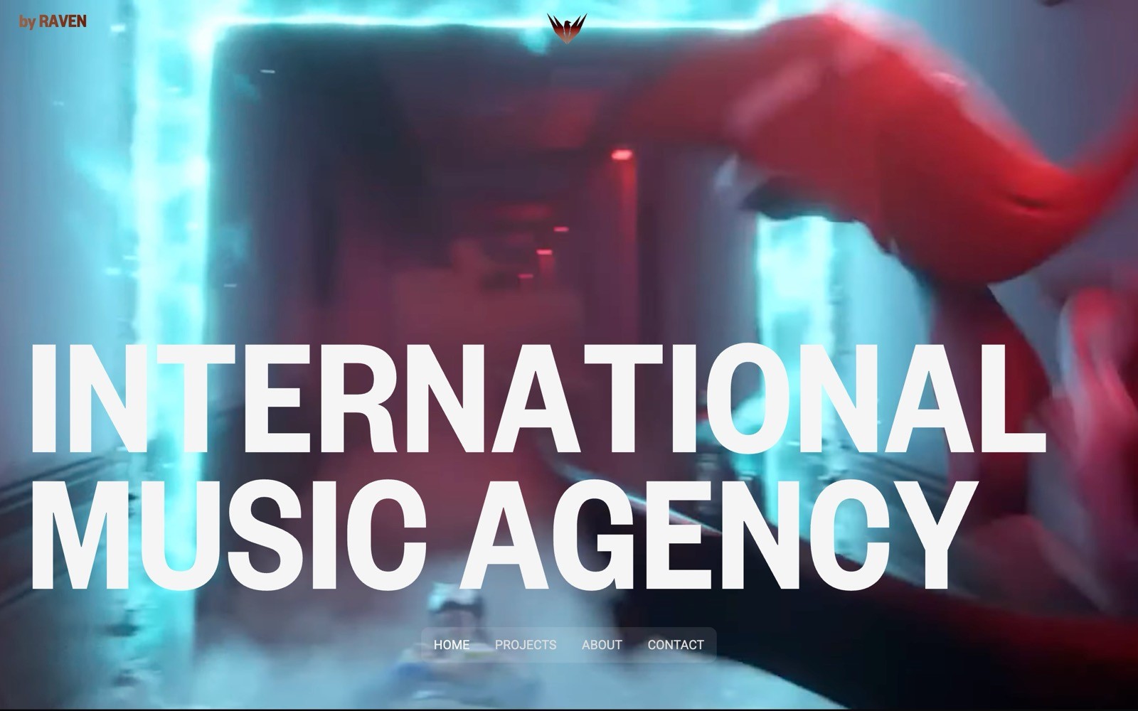 Blurred tunnel with blue lights; bold white text reads "INTERNATIONAL MUSIC AGENCY." Menu: Home, Projects, About, Contact.