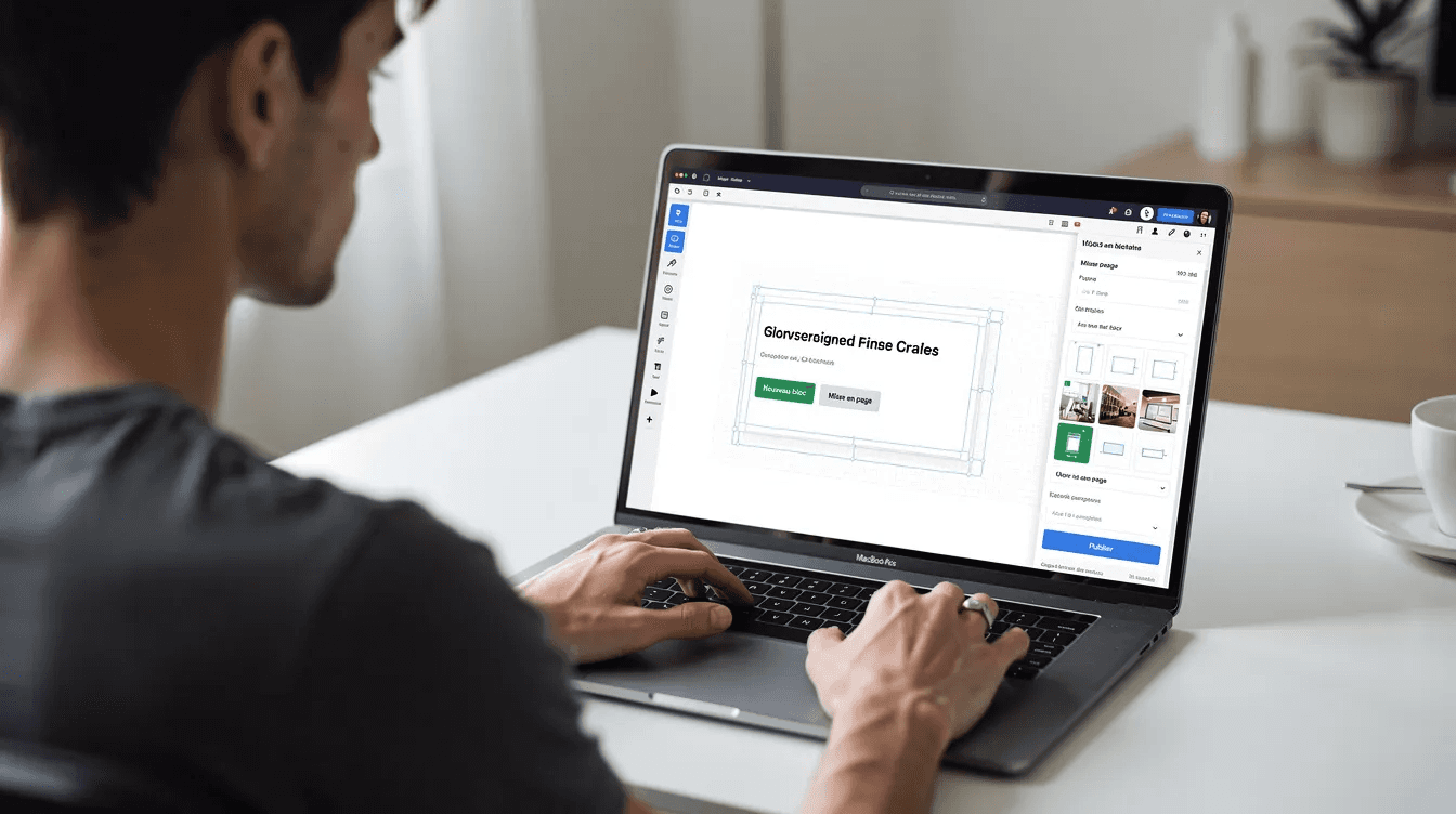 Une personne est assise à un bureau, travaillant sur un ordinateur portable affichant une interface de création de page web, probablement pour concevoir une landing page efficace. On peut voir des éléments de mise en page et des outils de marketing sur l'écran, suggérant un focus sur l'optimisation du taux de conversion.