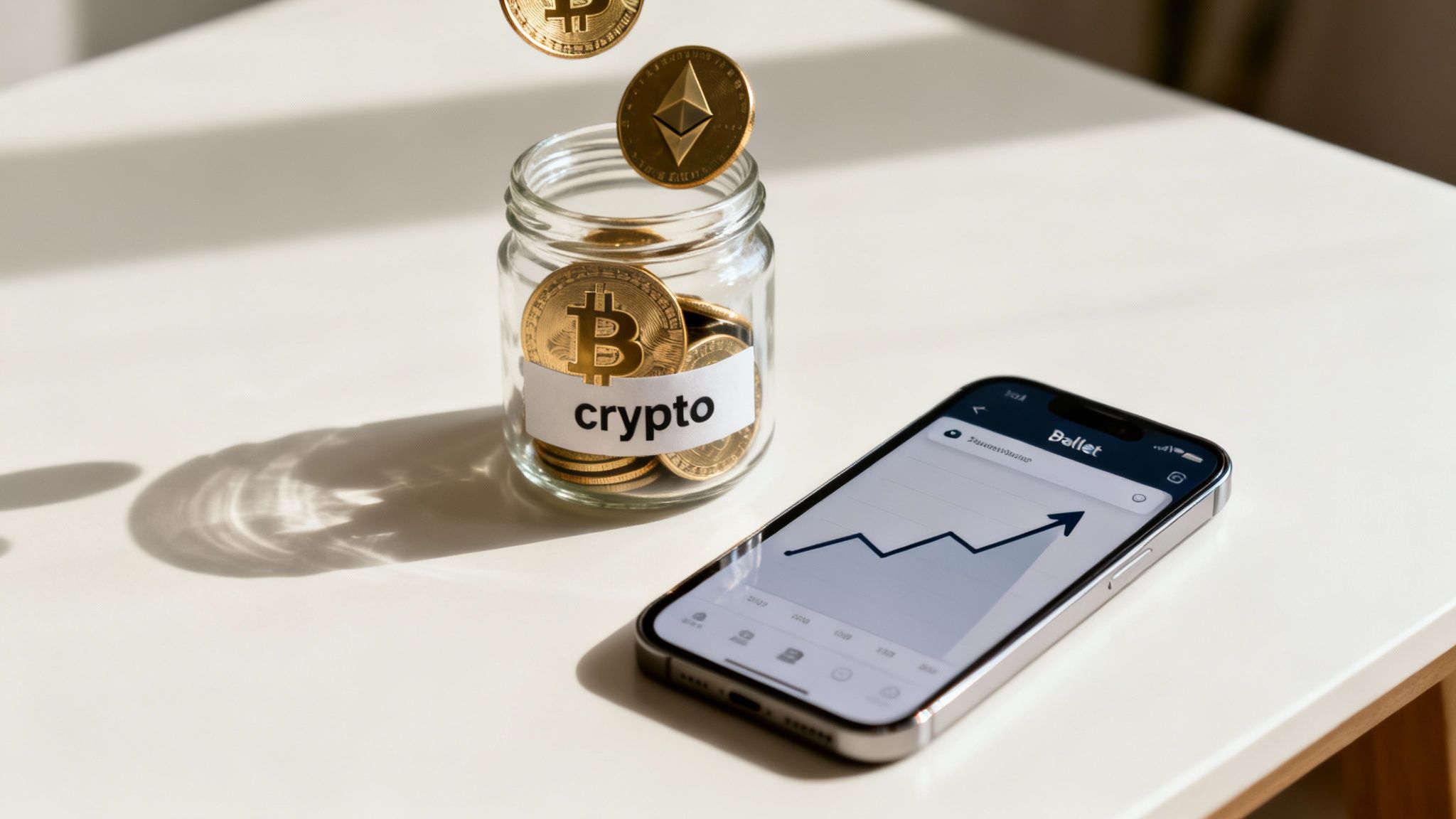 Golden crypto coins falling into a glass jar labeled 'crypto' next to a smartphone displaying a rising investment graph.