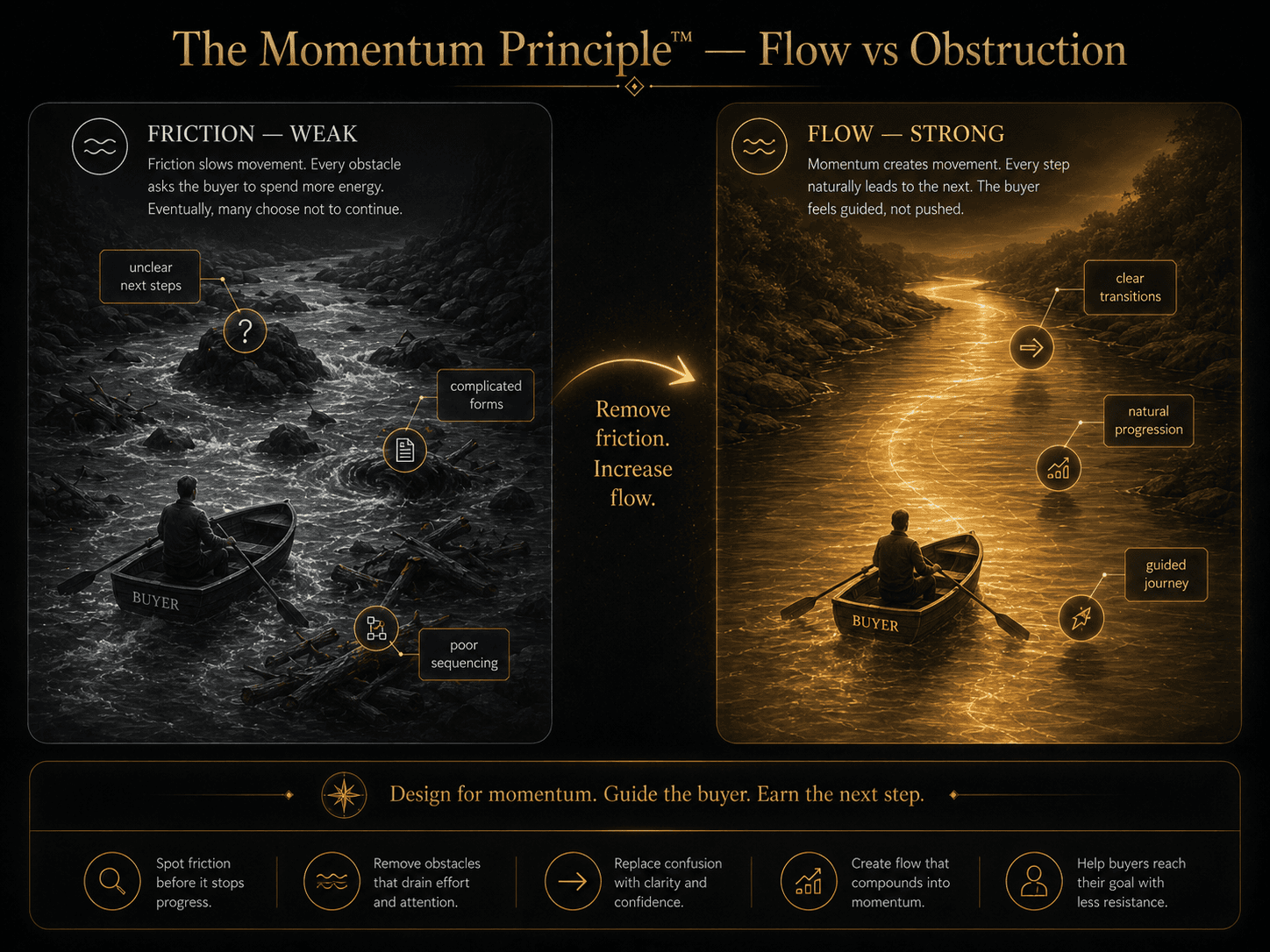 “The Momentum Principle™ — Flow vs Obstruction” Concept: A split-screen comparison showing two versions of the same buyer journey.  Left side (Friction — Weak): A river filled with obstacles—rocks, branches, debris. A small boat (the buyer) struggles to move forward, stuck at multiple points. The water is desaturated grey, choppy, difficult. Label: “Friction slows movement. Every obstacle asks the buyer to spend more energy. Eventually, many choose not to continue.”  Right side (Flow — Strong): The same river, now clear and free-flowing. The boat moves smoothly, effortlessly. The water is warm gold, calm, inviting. Label: “Momentum creates movement. Every step naturally leads to the next. The buyer feels guided, not pushed.”  A curved arrow points from left to right with the word: “Remove friction. Increase flow.”  Style: Dark charcoal background. Left side: desaturated grey, choppy water, obstacles. Right side: warm gold/amber, calm, flowing, clear. The contrast is stark.  Interaction: Hovering the left side reveals each friction point (unclear next steps, complicated forms, poor sequencing). Hovering the right side reveals each momentum driver (clear transitions, natural progression, guided journey). A slider transitions from “Friction” to “Flow.”