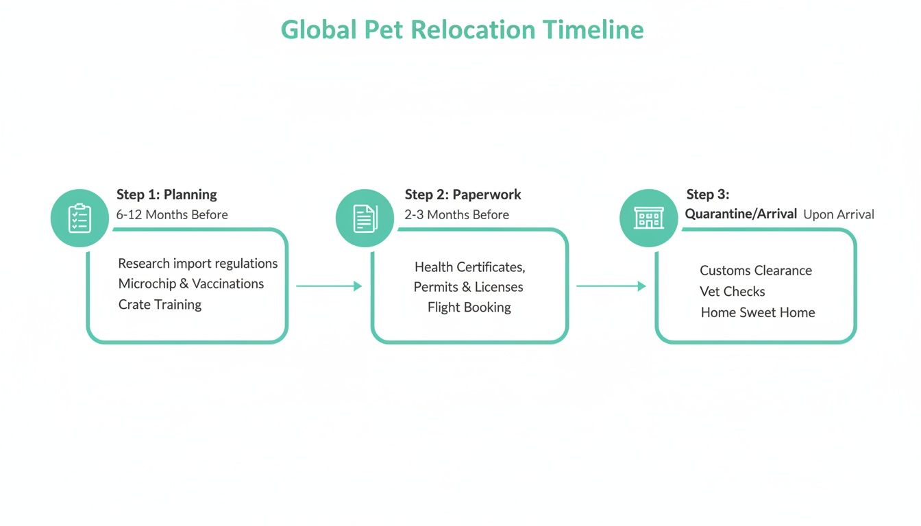A global pet relocation timeline showing three steps: planning, paperwork, and arrival process.