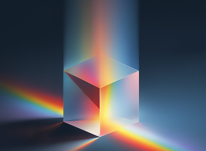 3D cude with light shining down from the top on a dark background