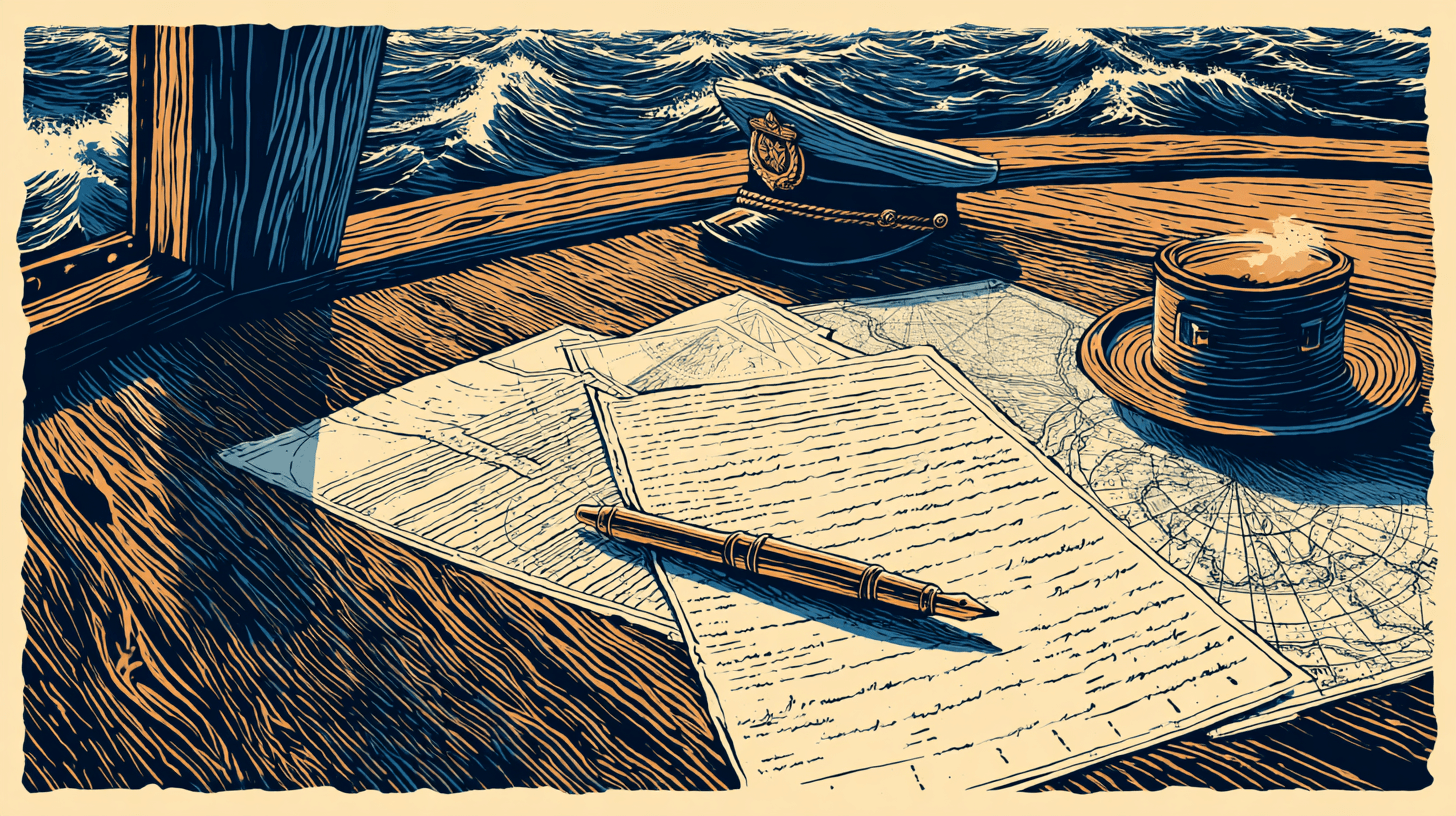 papers on a yacht table with captain hat