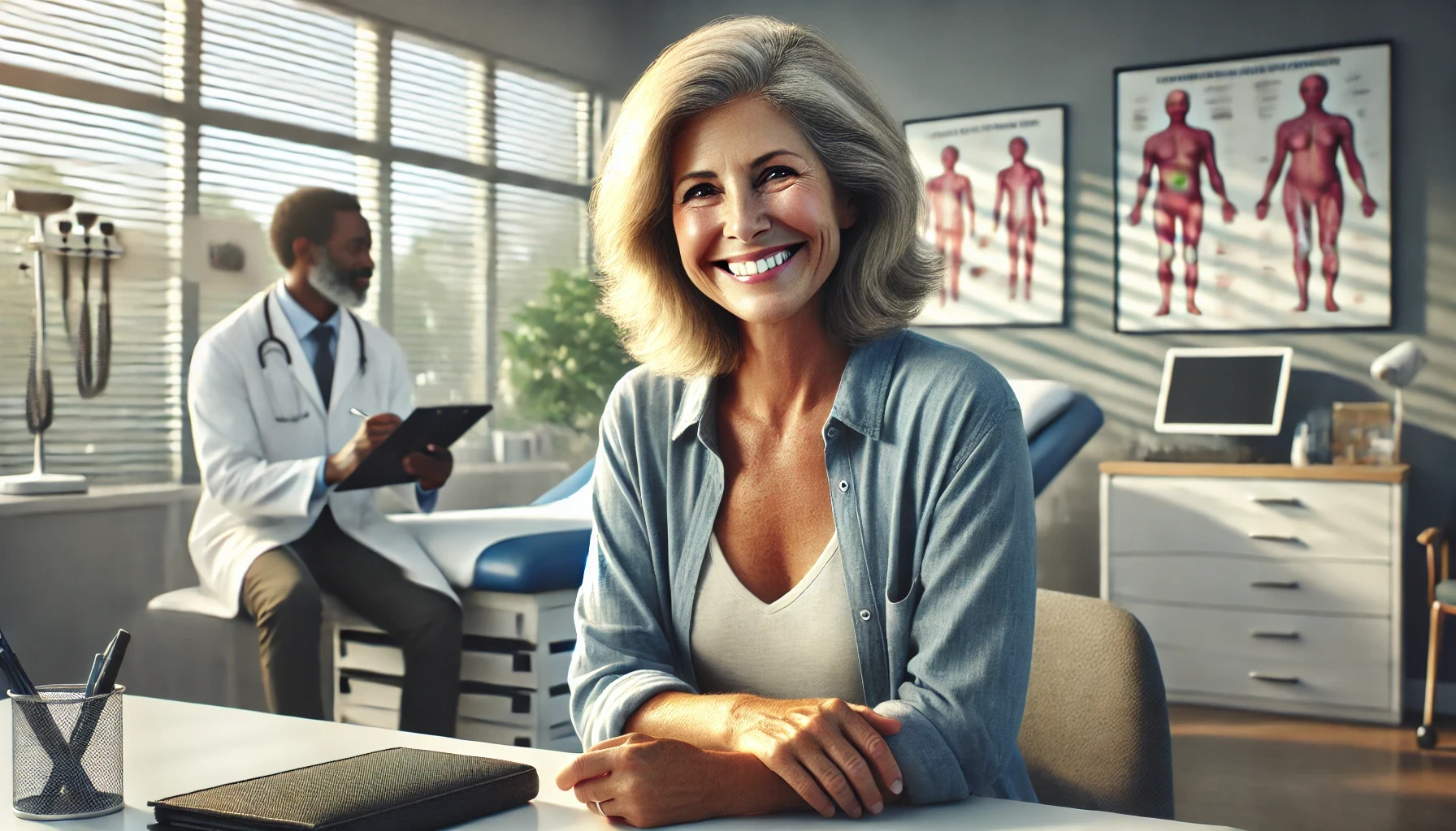 A healthy woman smiling at her doctor's office. 