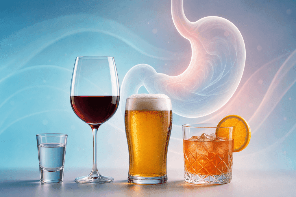 A modern, clean arrangement of various alcoholic drinks—such as a clear glass of vodka, a glass of red wine, a pint of beer, and a cocktail with an orange slice—sitting on a smooth, softly lit surface. Behind the drinks, a semi-transparent, stylized illustration of a stomach with gentle, swirling gradients in soft blues and pinks evokes a calm yet scientific mood. The overall atmosphere is serene and contemplative, with no characters, humans, or text, focusing on the contrast between the drinks and the health symbolism. Professional and minimalist design, with subtle shadows and delicate highlights.