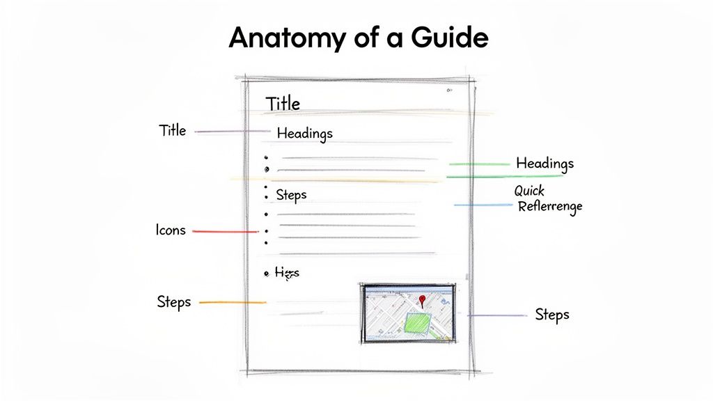 A sketched diagram illustrating the anatomy of a guide, showing title, headings, steps, icons, and tips.