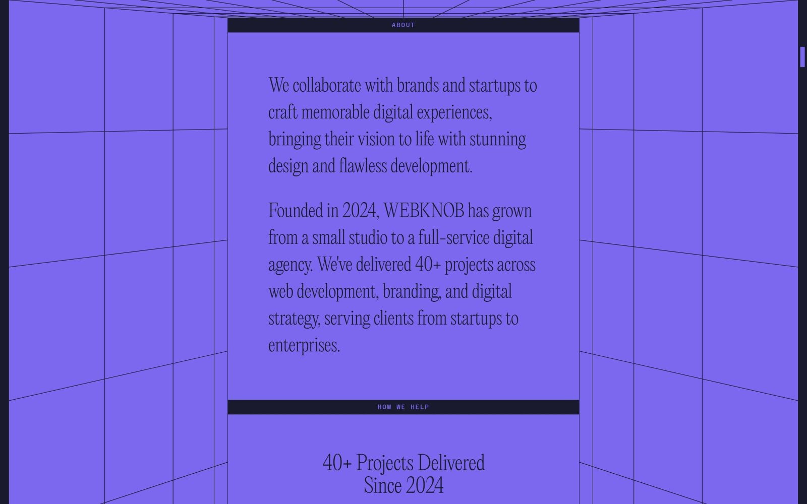 Purple-tinted webpage with text about Webknob's growth since 2024, highlighting collaboration, design, and over 40 projects delivered.