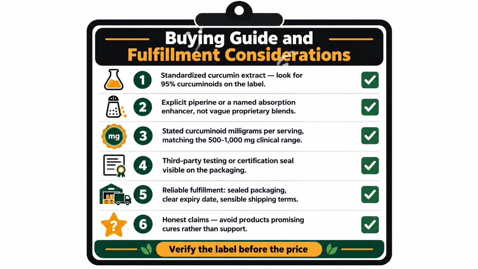 A checklist infographic titled Buying Guide and Fulfillment Considerations for selecting high-quality turmeric with black pepper supplements.